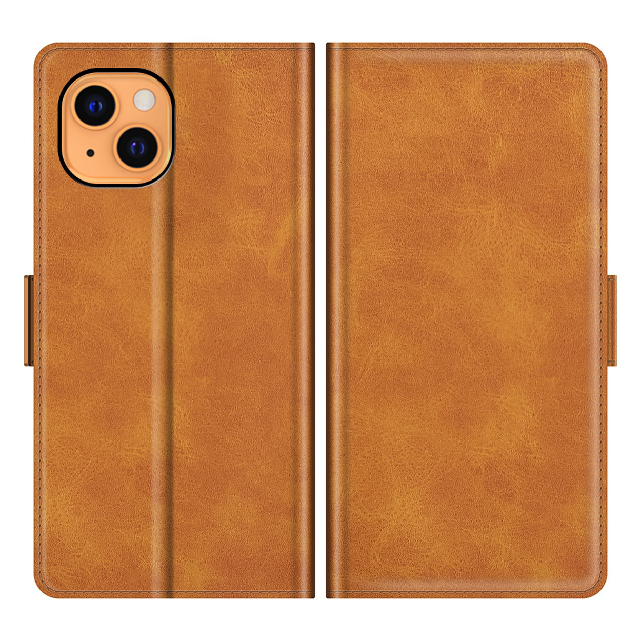 Étui de téléphone en cuir marron, fermé. Le téléphone est inséré, avec les lentilles de l'appareil photo visibles.