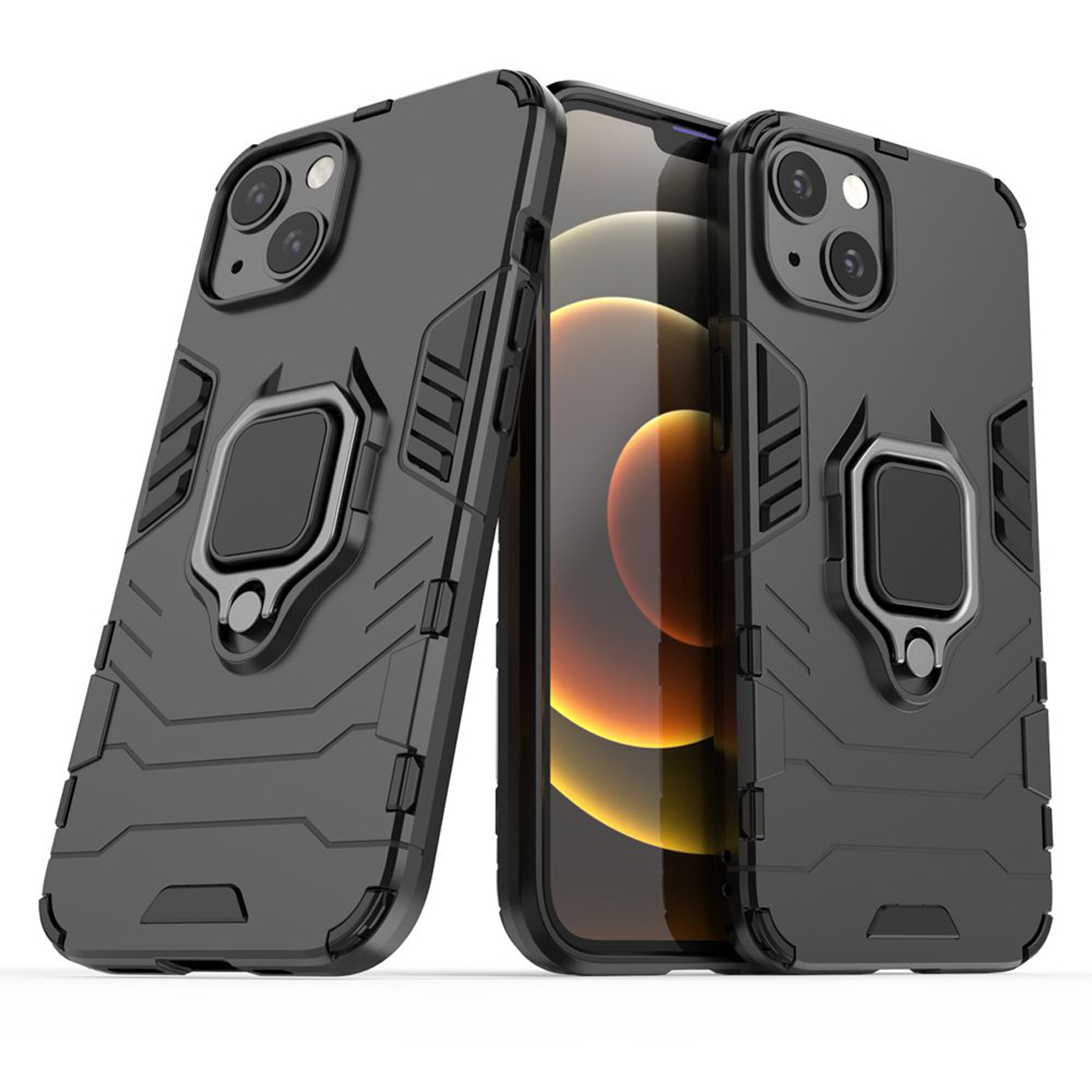 Zwarte telefoonhoesjes met ringhouders, die een telefoon erin tonen.