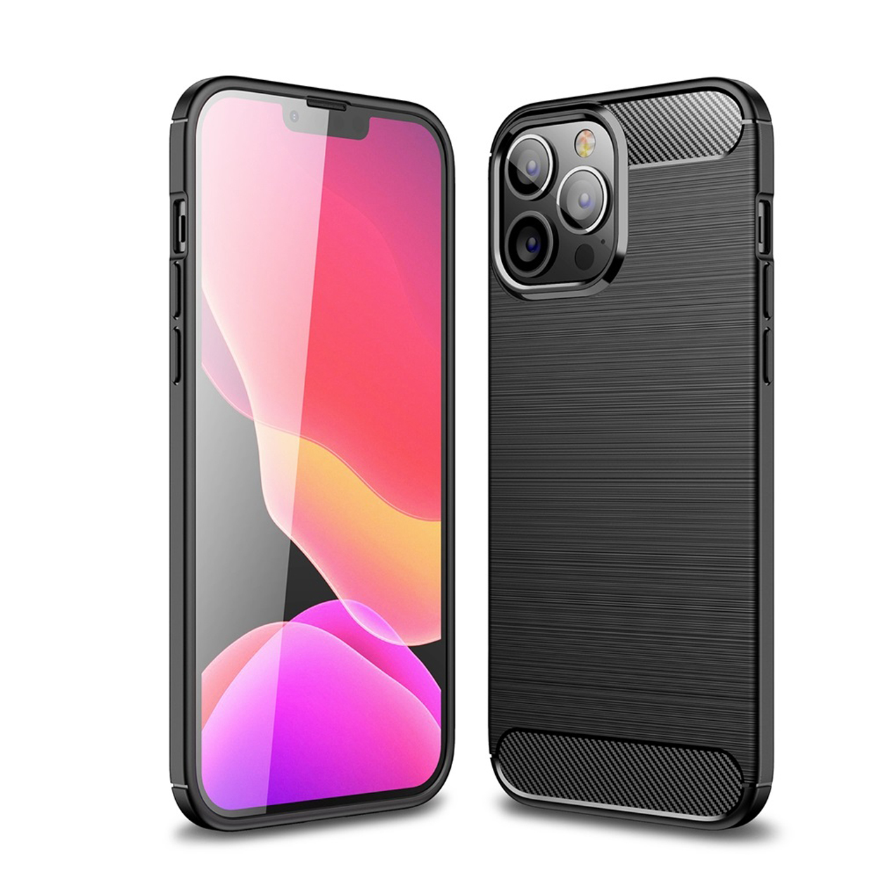 Zwarte telefoonhoes met een telefoon. De telefoon heeft een rood scherm.