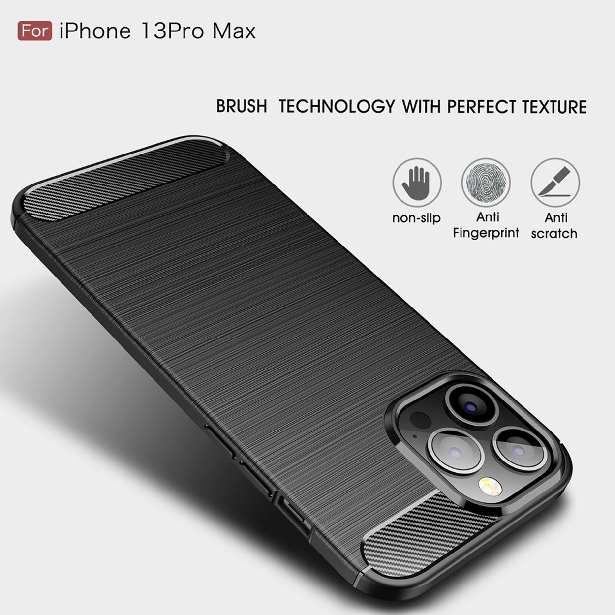 Zwarte telefoonhoes met koolstofvezel ontwerp. Tekst: 'BRUSH TECHNOLOGY'.