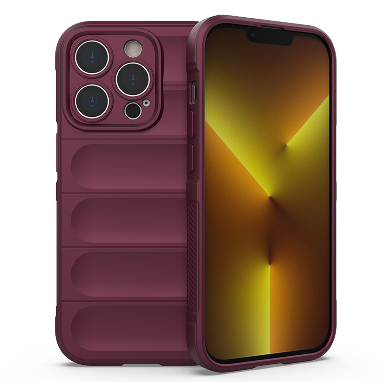 Bordeaux telefoonhoesje met telefoon erin. Achterkant hoes heeft lijnen. Telefoon heeft geel scherm.