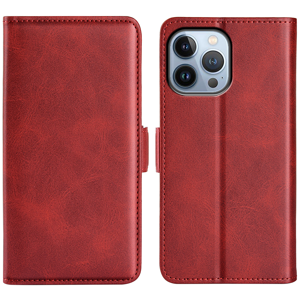 Rode leren telefoonhoes, open, met de telefoon en details zichtbaar.