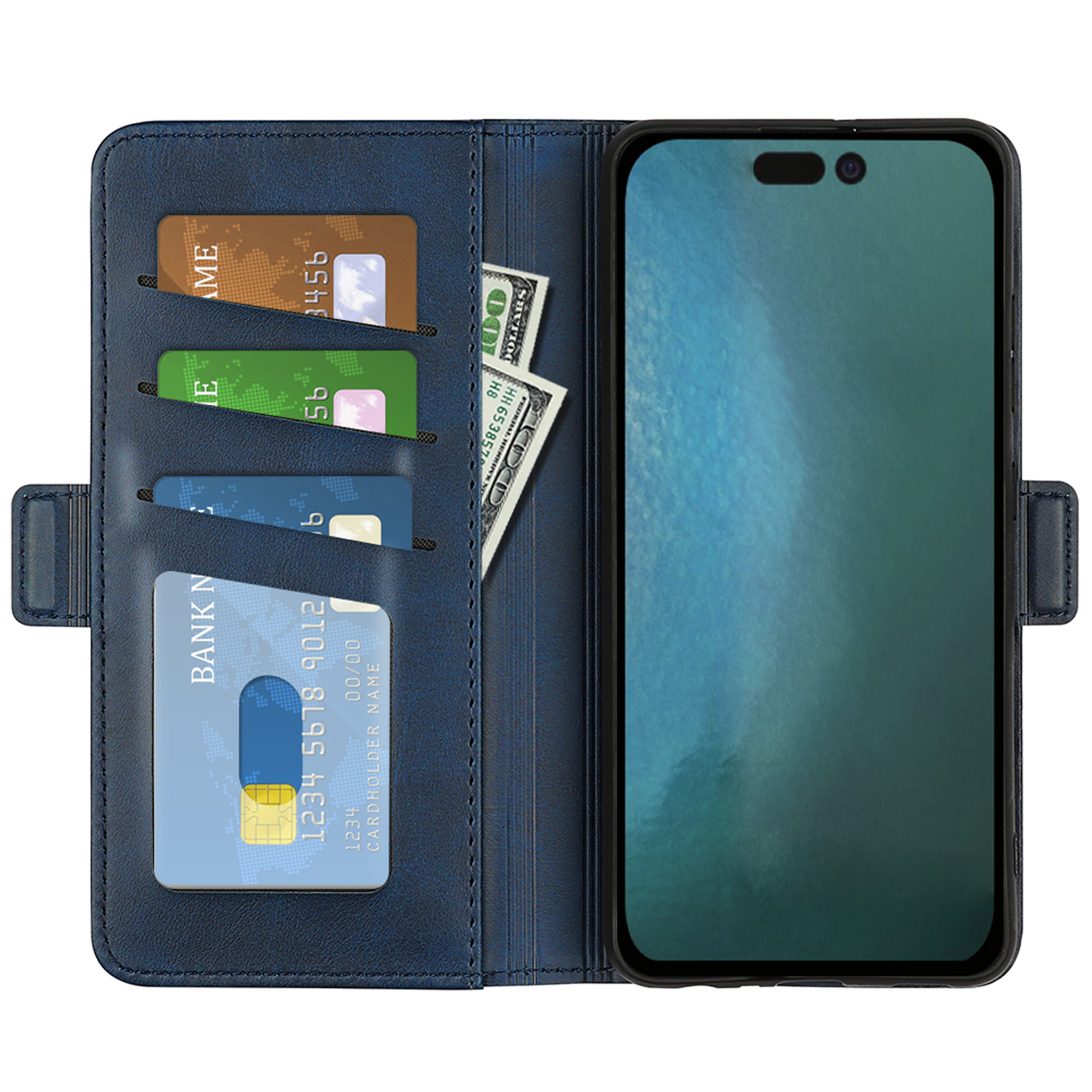 Blauwe telefoonhoes open, met kaarten en geld. Een telefoon is zichtbaar in de hoes.