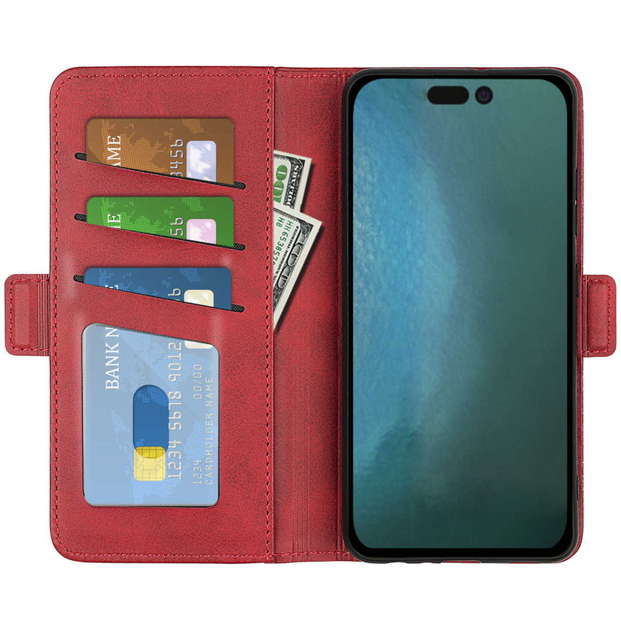 Rode leren telefoonhoes-portemonnee open. Binnenin kaarten, contant geld en een telefoon. Wit.