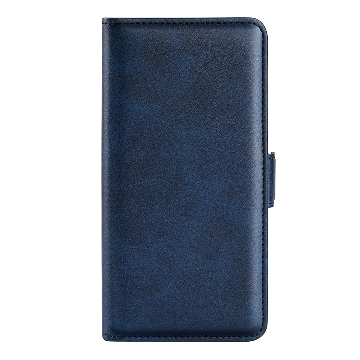 Een blauwe leren telefoonhoes wordt getoond. Het is gesloten, met een magnetische sluiting.