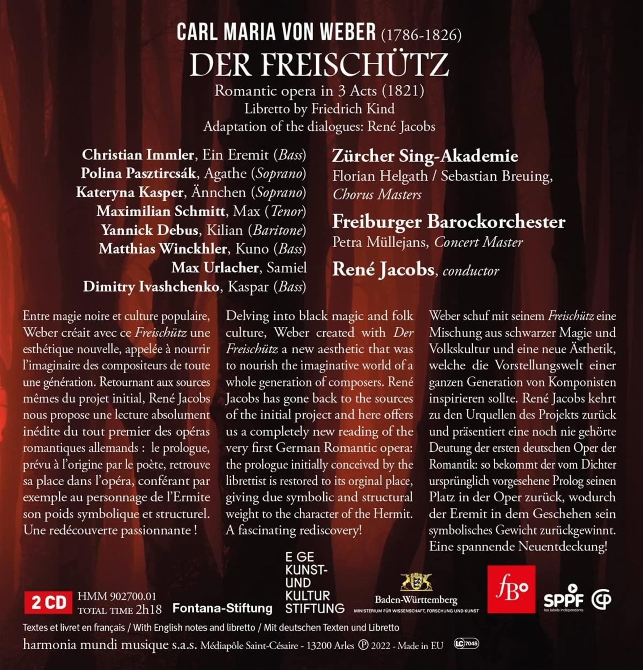 Une couverture de livre avec du texte et une liste de noms. Le livre s'intitule 'Der Freischütz'.