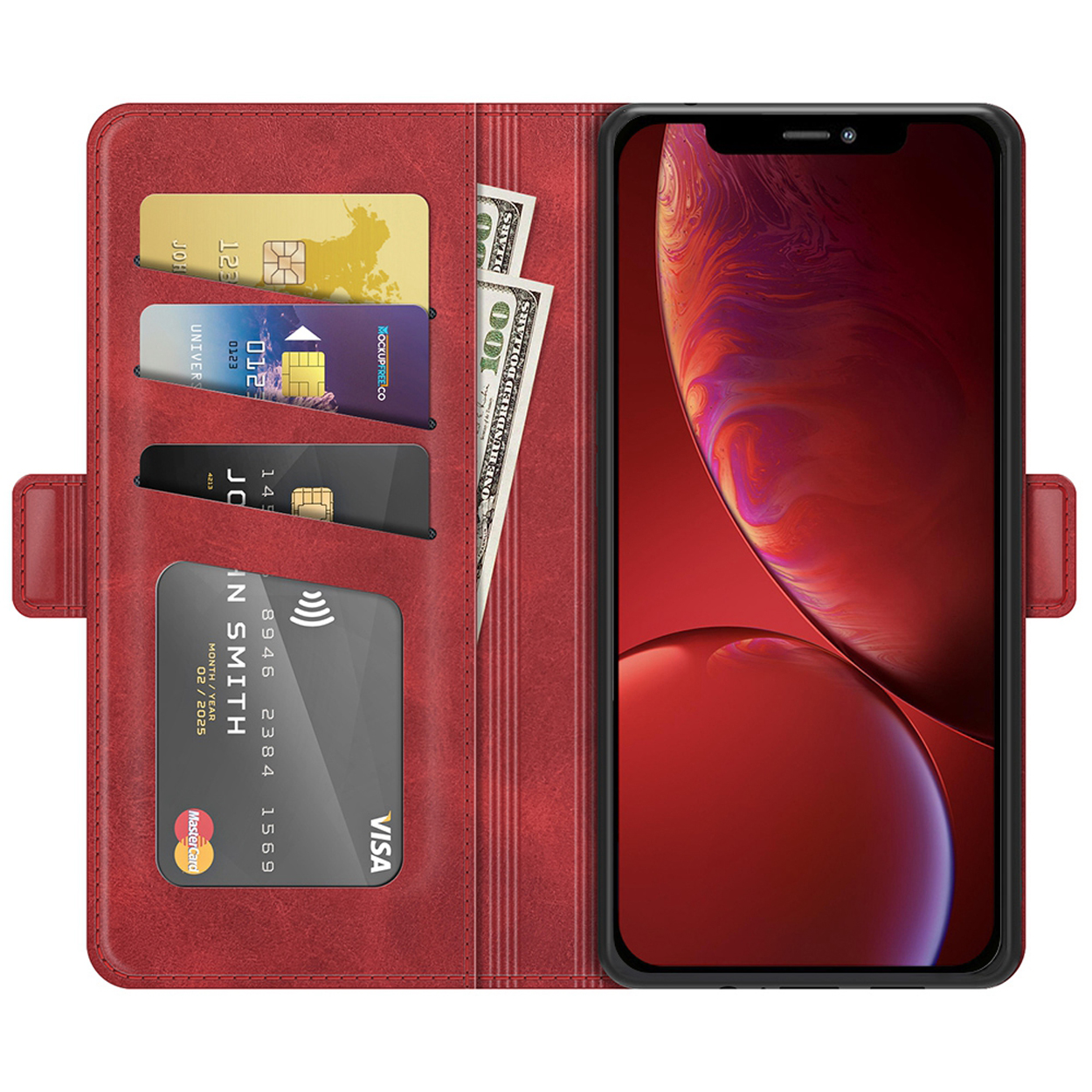 Rode telefoonhoes met kaartsleuven en contant geld. Er zit een telefoon in.
