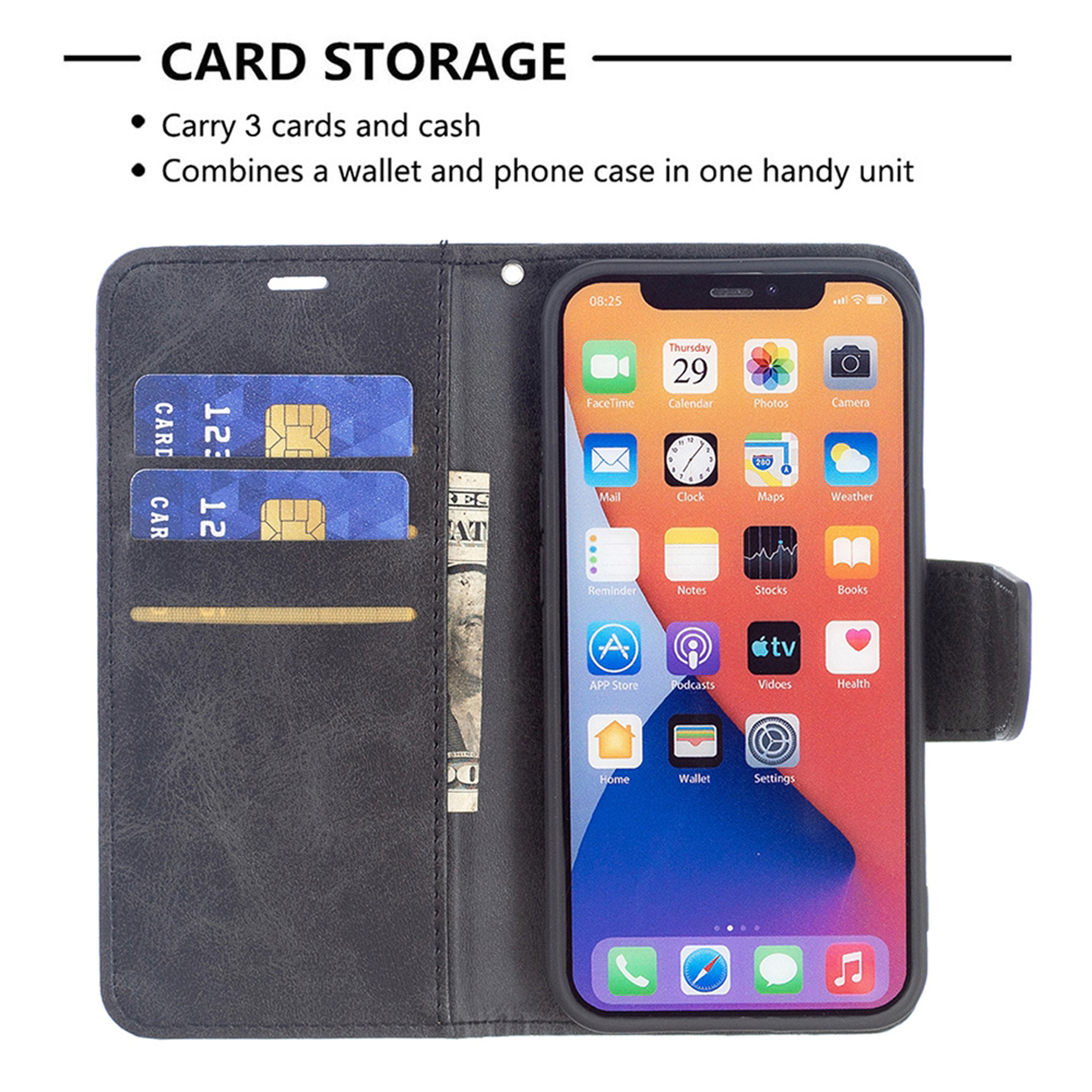 Open telefoonhoes met kaarten, contant geld en telefoon met apps.
