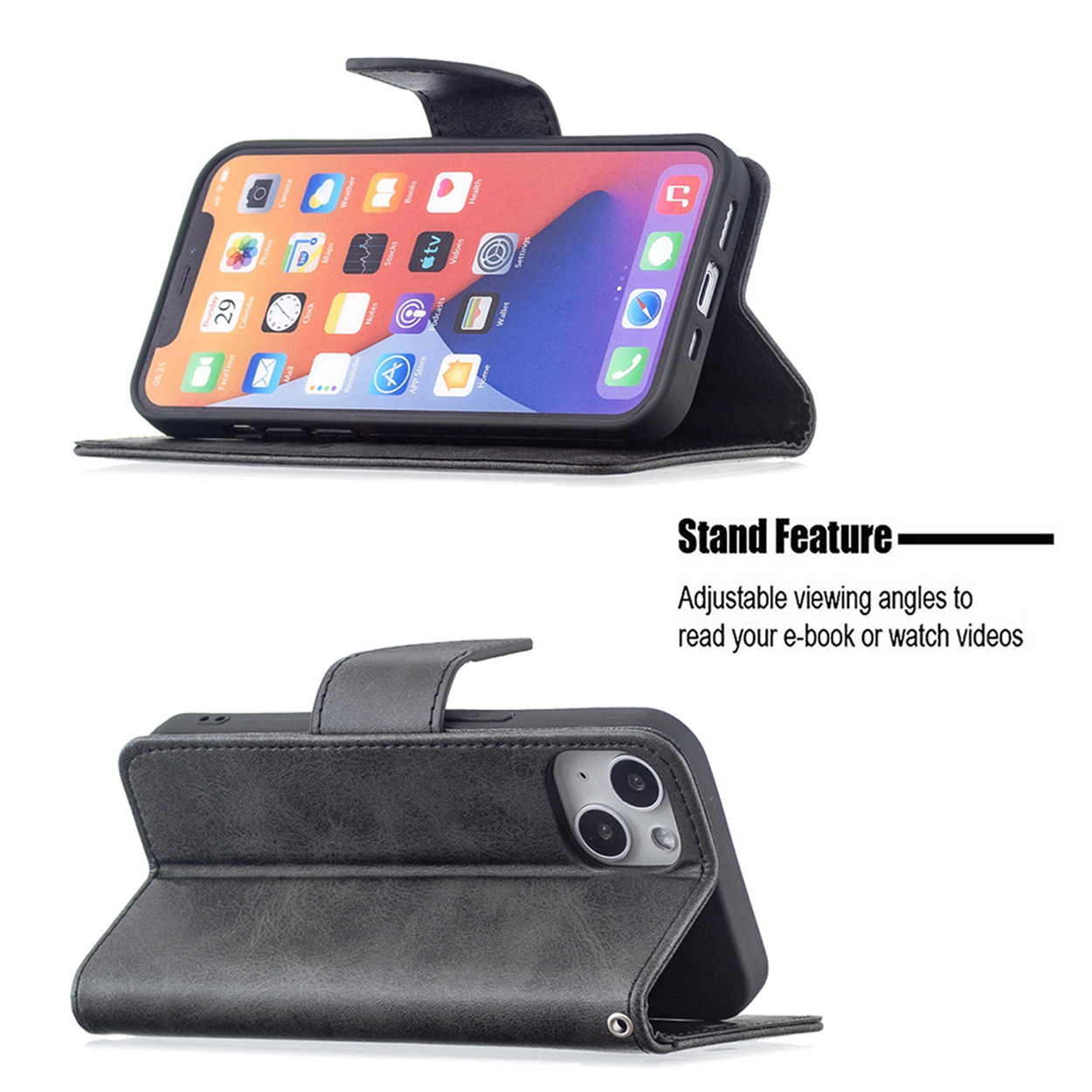 Twee afbeeldingen van een telefoonhoesje met een telefoon erin. Toont verstelbare kijkhoeken.