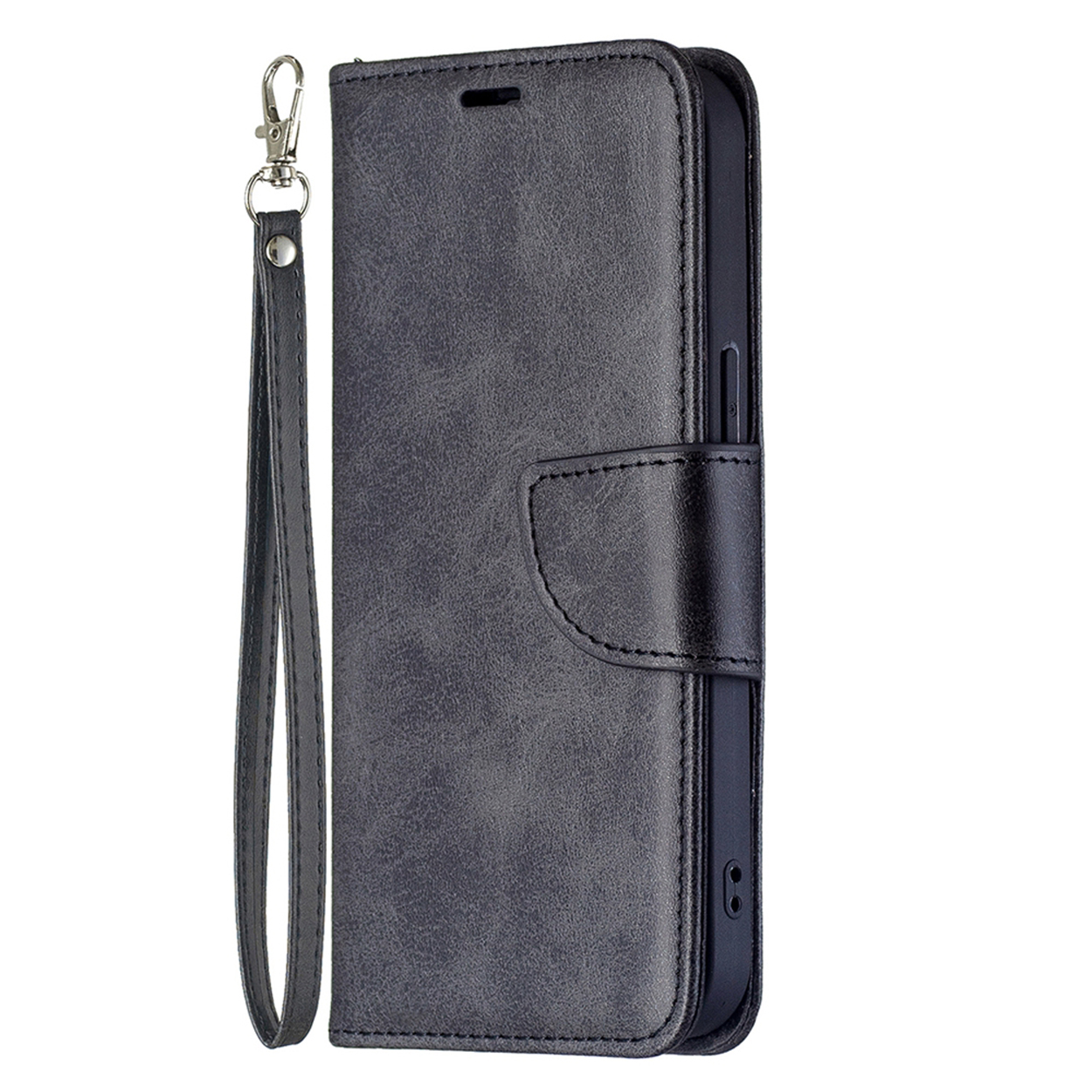 Donkergrijze telefoonhoes met een riem, toont de telefoon en details.
