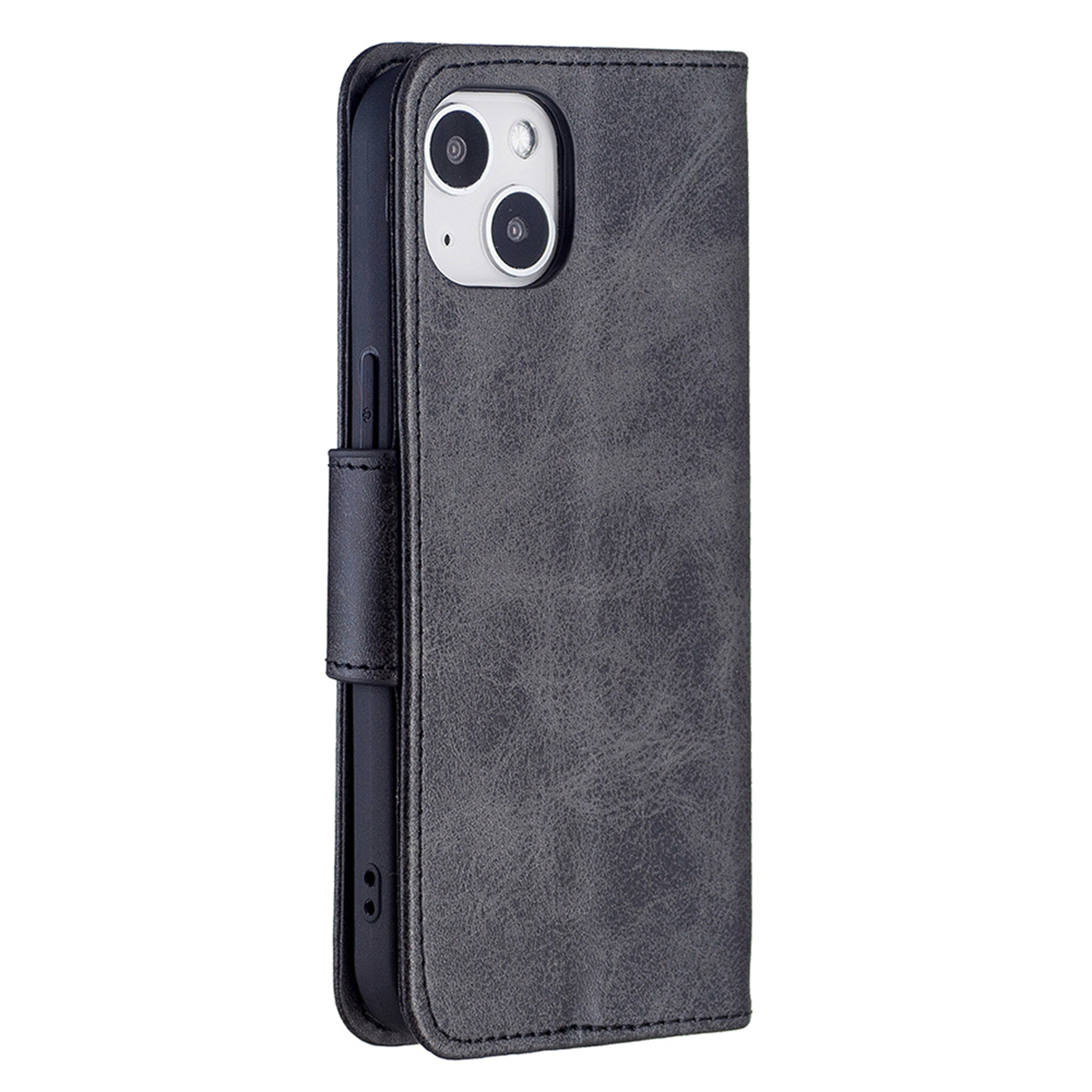 Grijze leren telefoonhoes, gesloten, voor een smartphone met dubbele camera's.