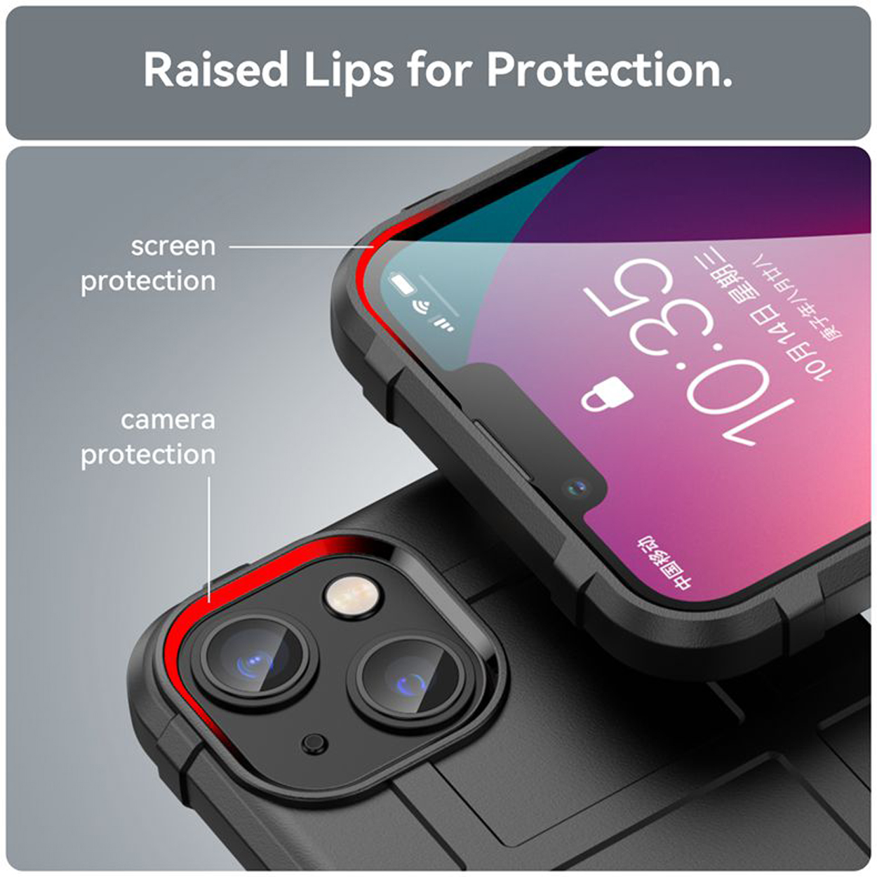 Zwarte telefoonhoes, beschermt een telefoon. Toont scherm en verhoogde cameraránd.