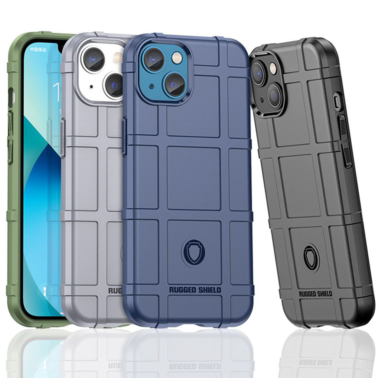 Quatre coques de téléphone robustes de différentes couleurs. Elles sont sur fond blanc.