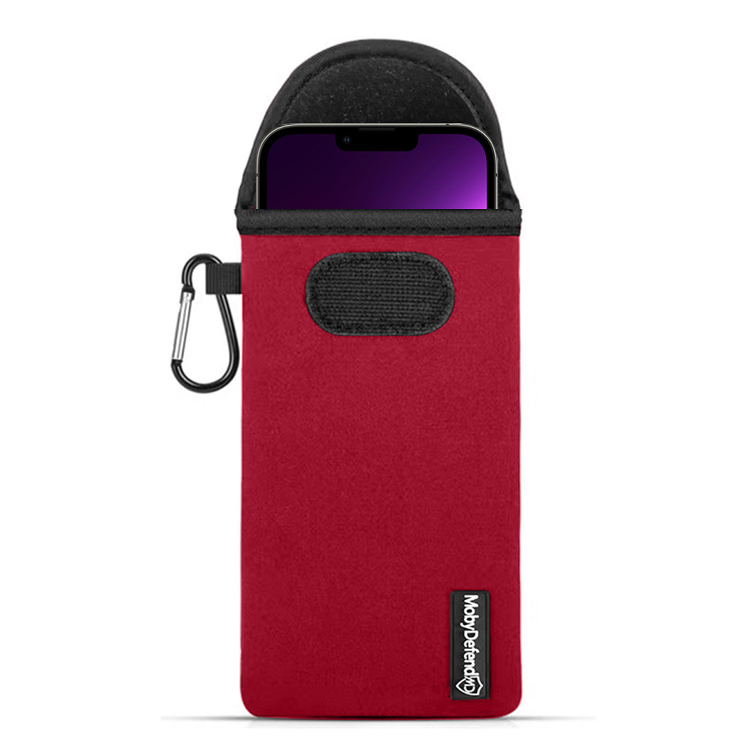 Housse de téléphone rouge avec mousqueton et dessus noir. Le téléphone est à l'intérieur.