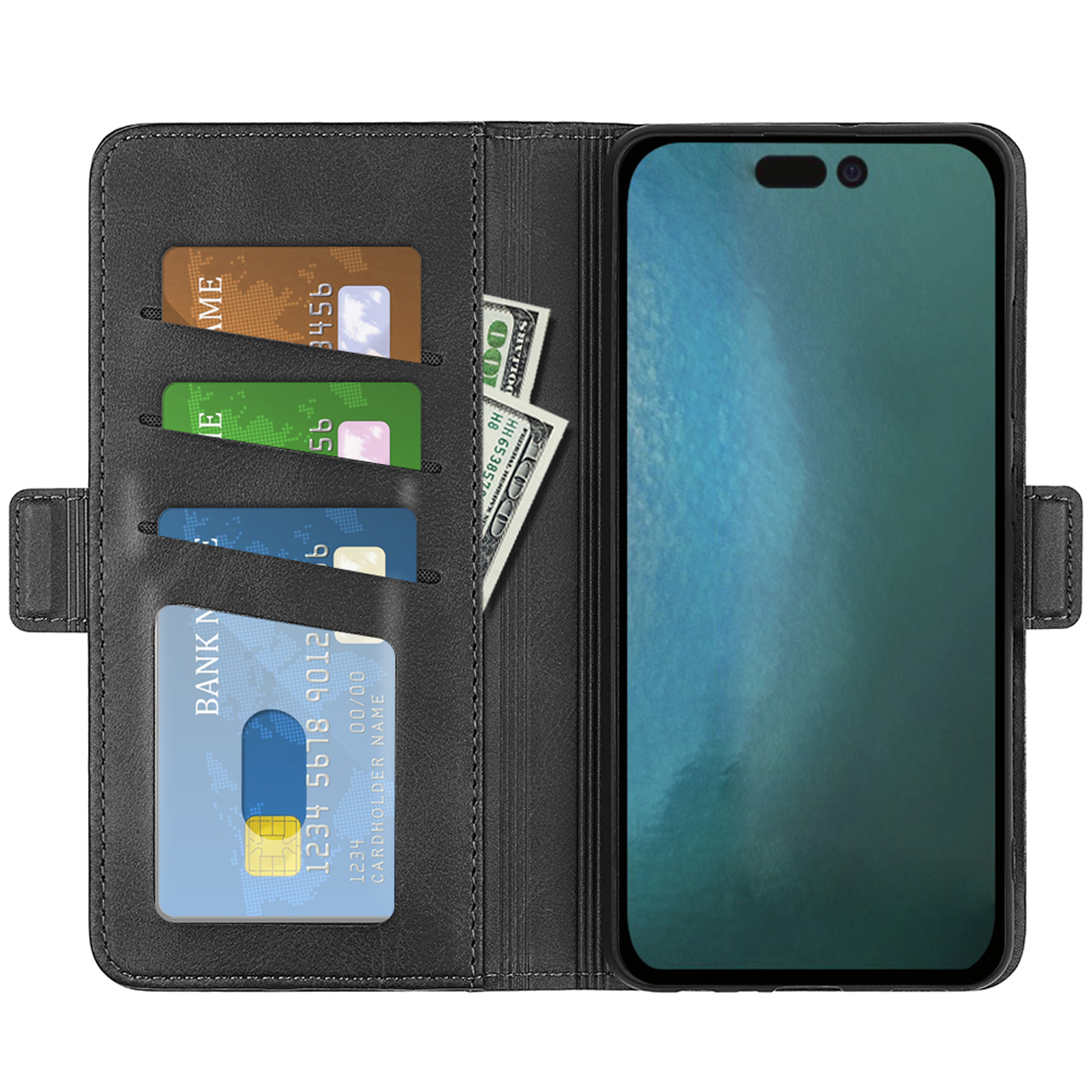 Zwarte leren telefoonportemonnee open, met kaarten en contant geld zichtbaar. Een telefoon zit erin.
