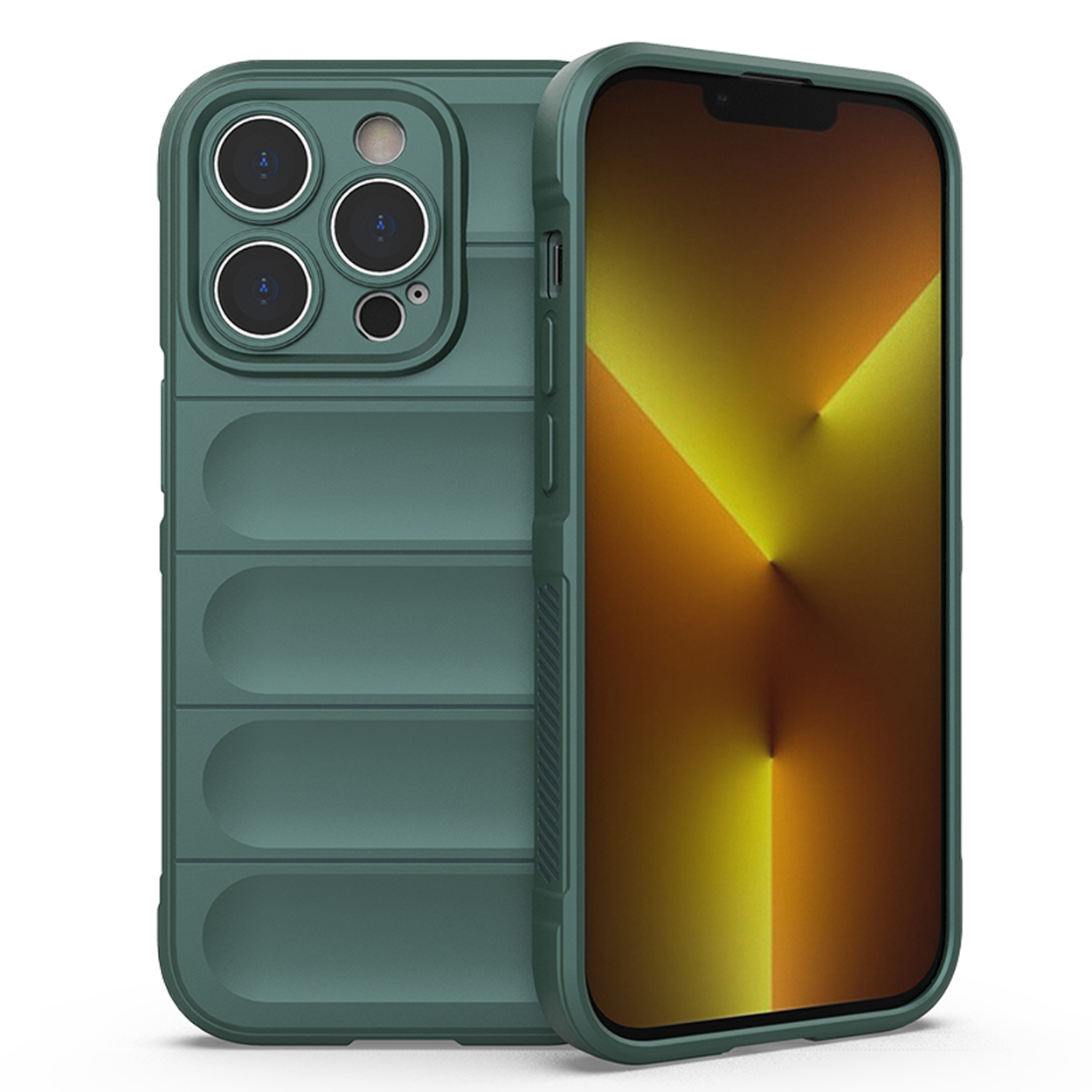 Groene telefoonhoes, met een telefoon erin. De hoes heeft een uniek ontwerp.