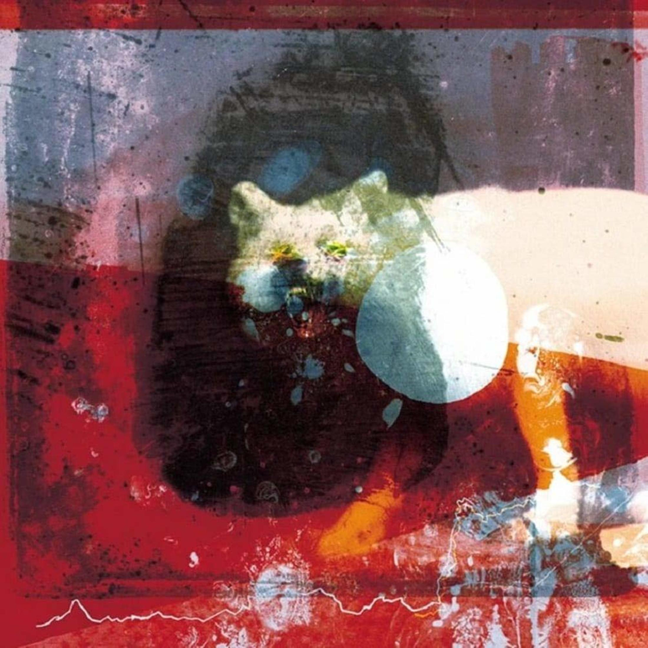 Abstracte albumhoes met een kattengezicht in het midden en rode en blauwe verfspatten eromheen.