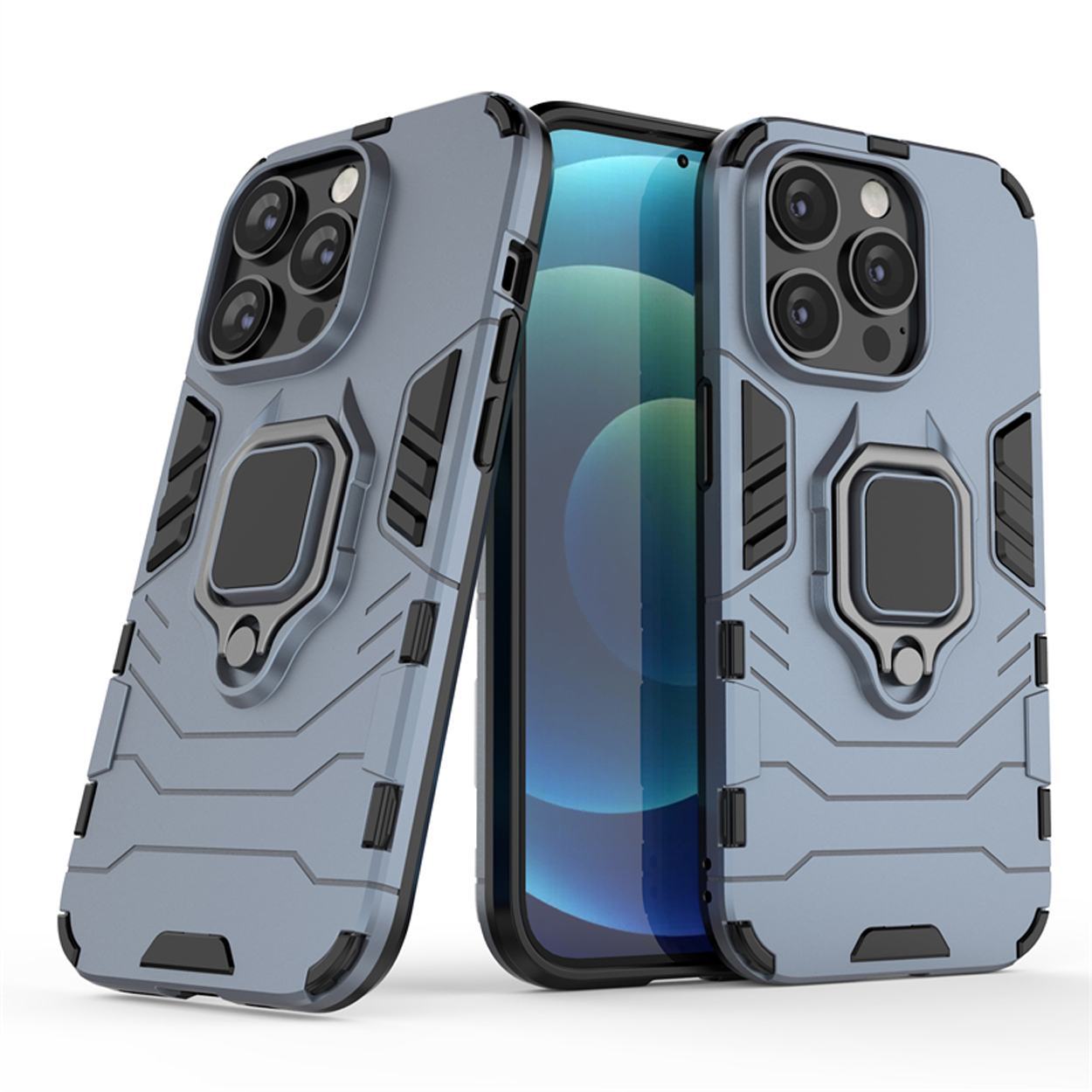 Coques de téléphone grises, avec un téléphone au milieu. Support d'anneau et design texturé.