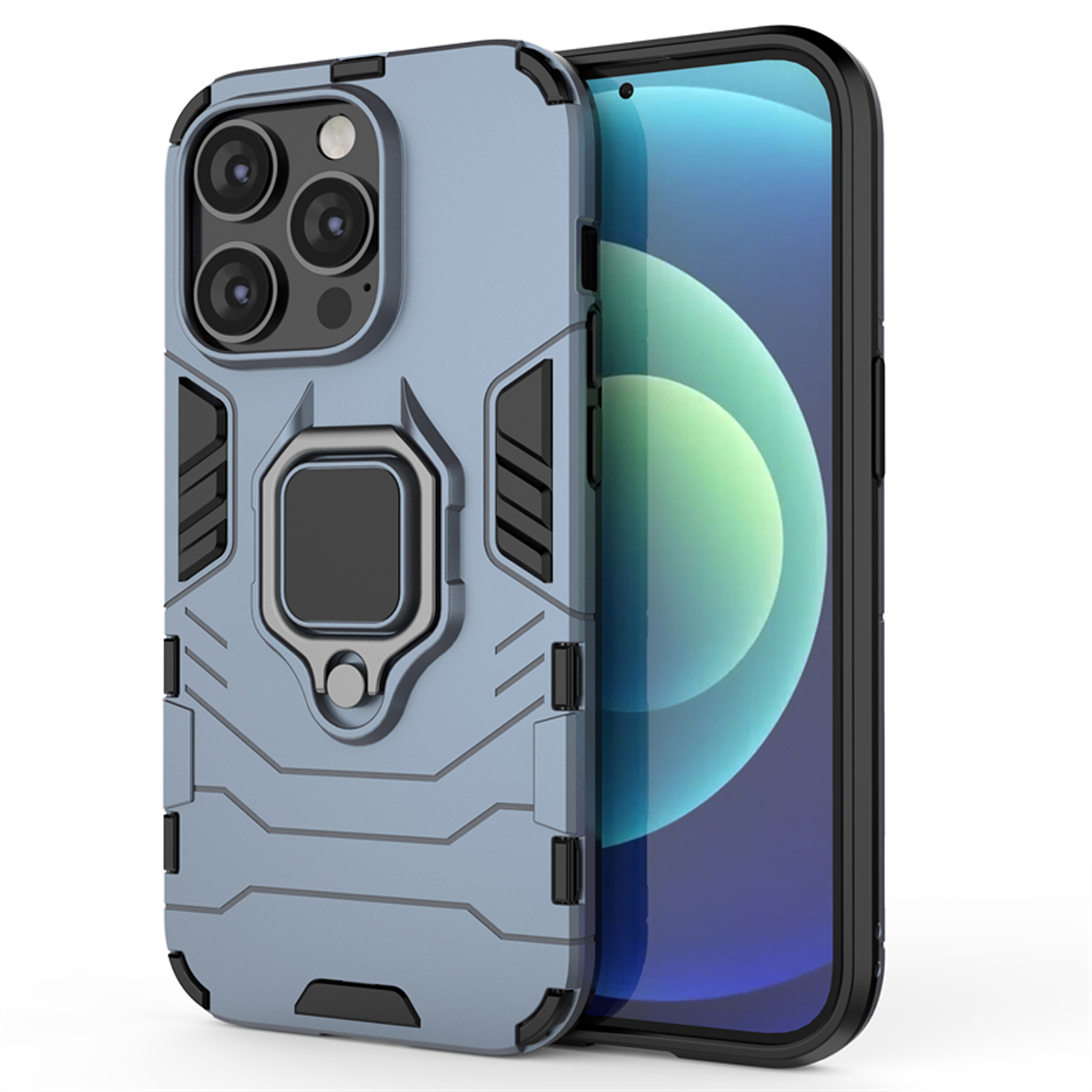 Coque de téléphone bleue avec support. Le téléphone a trois caméras. La coque est sur une surface blanche.