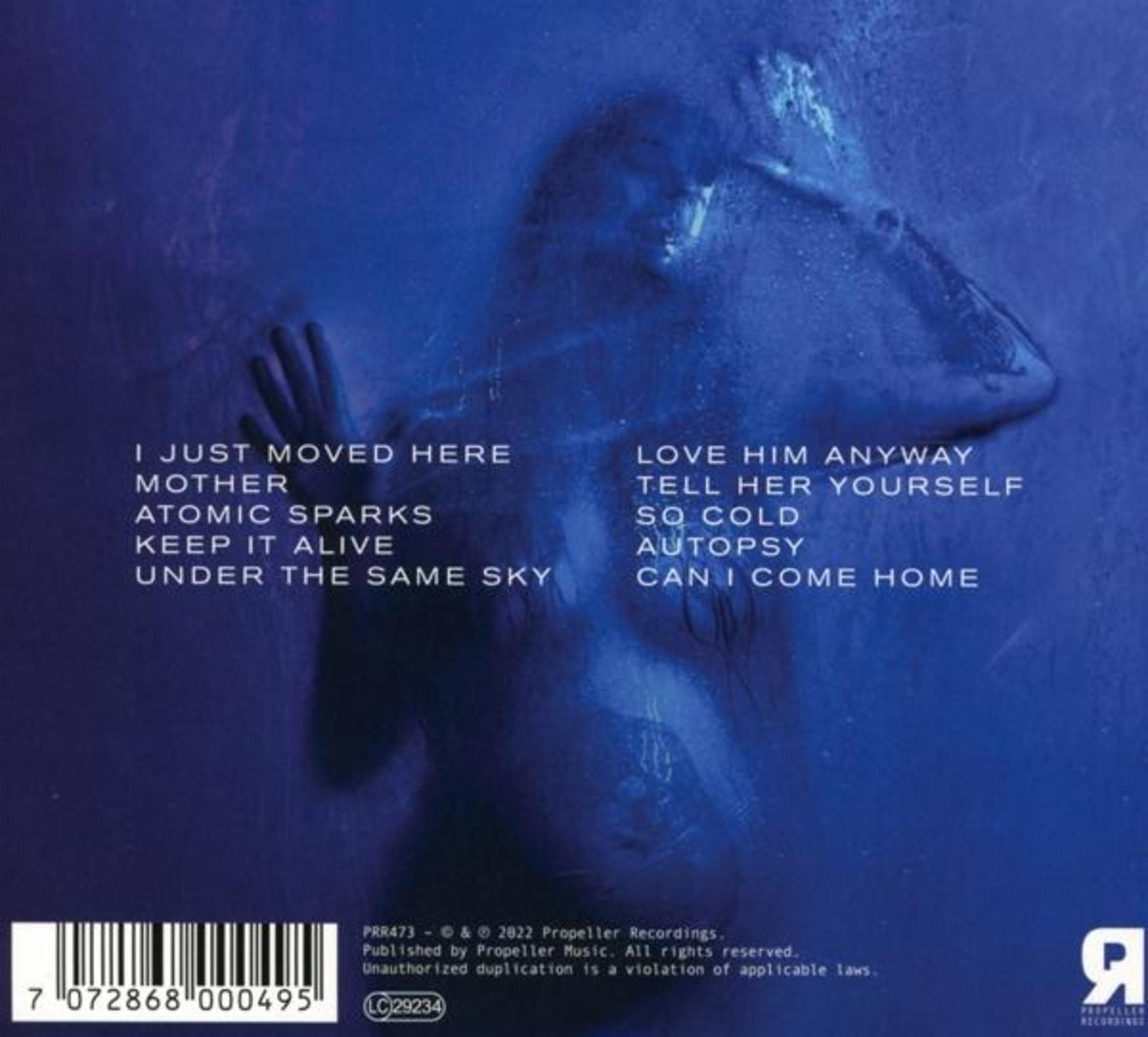 Albumhoes met vrouw in blauw, en tekst: 'I JUST MOVED HERE' en songtitels.
