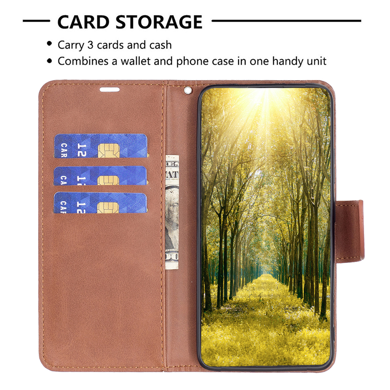 Étui de téléphone marron avec cartes et téléphone. À l'intérieur, une scène de forêt avec soleil, arbres et chemin.