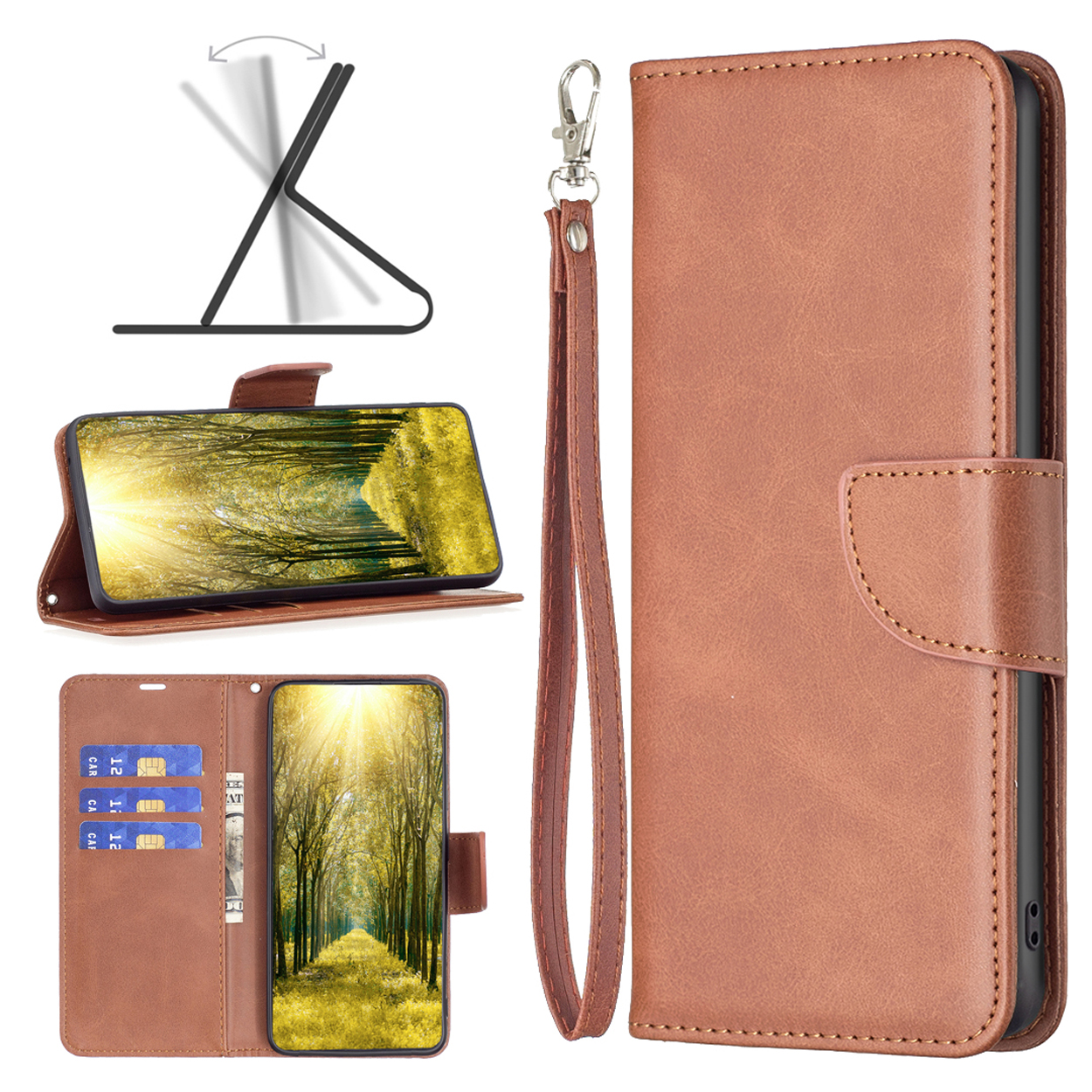 Bruin telefoonhoesje met telefoon erin. Het heeft een standaard en sleuven voor kaarten en geld.