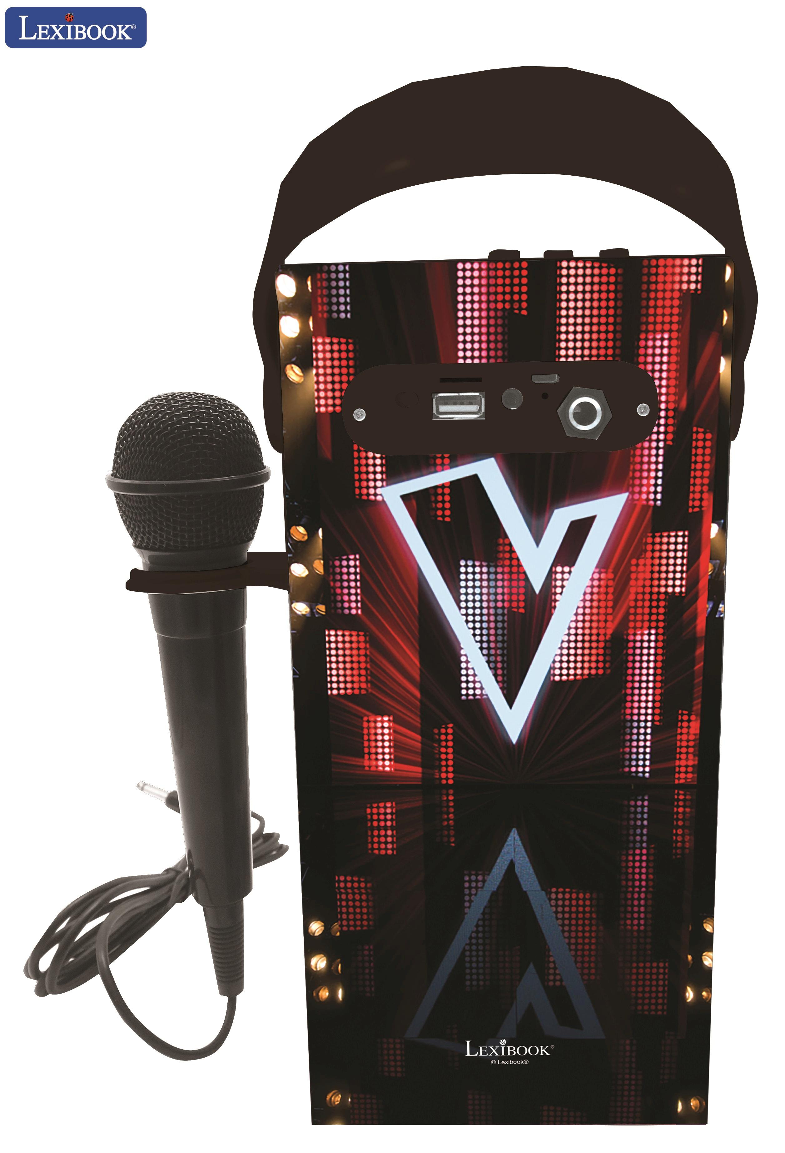 Un altavoz Lexibook negro con micrófono y asa. El altavoz tiene un diseño negro y rojo.
