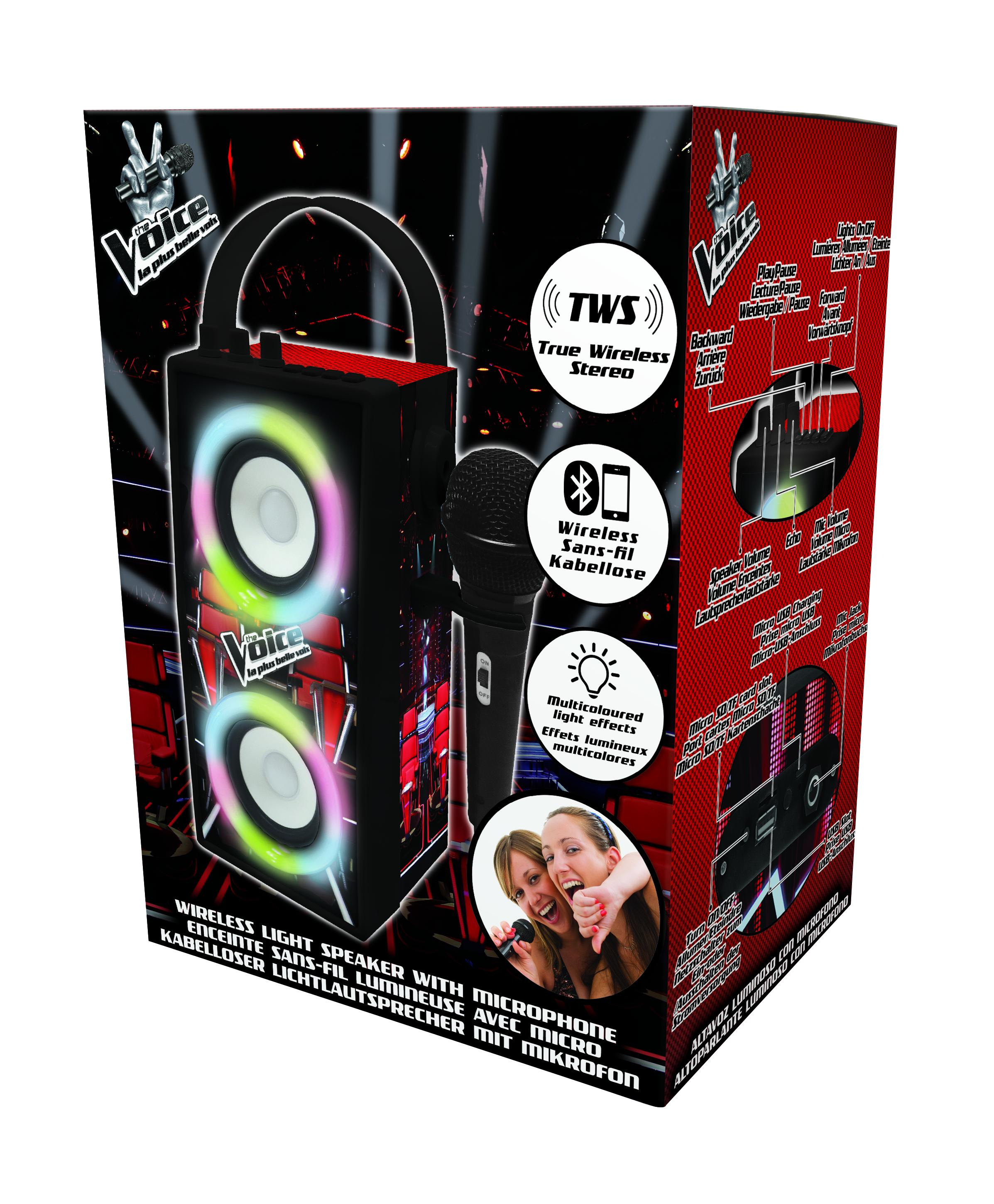 Caja de altavoz con micrófono, luces de colores, dos mujeres y texto.