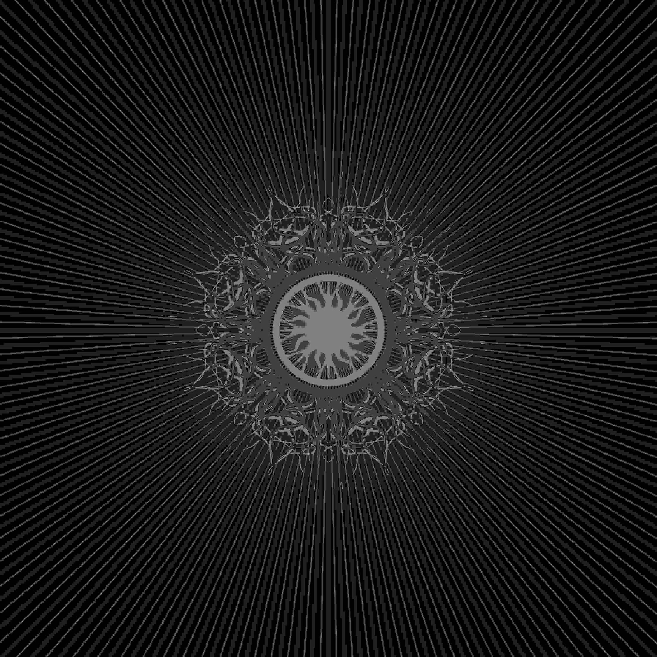 Abstracte zwart-wit afbeelding. Een cirkelvormig patroon straalt lijnen uit vanuit een centraal punt.