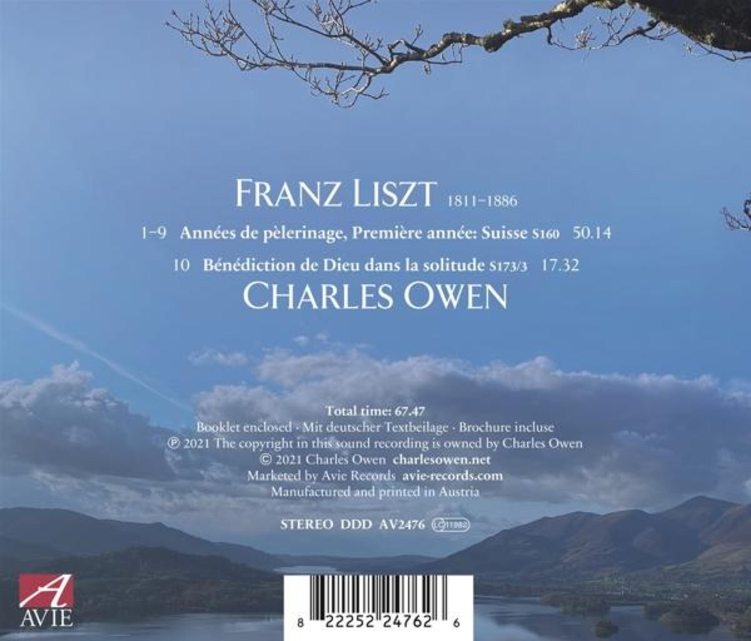 Album cover. Text about Franz Liszt and Charles Owen. Landscape photo.