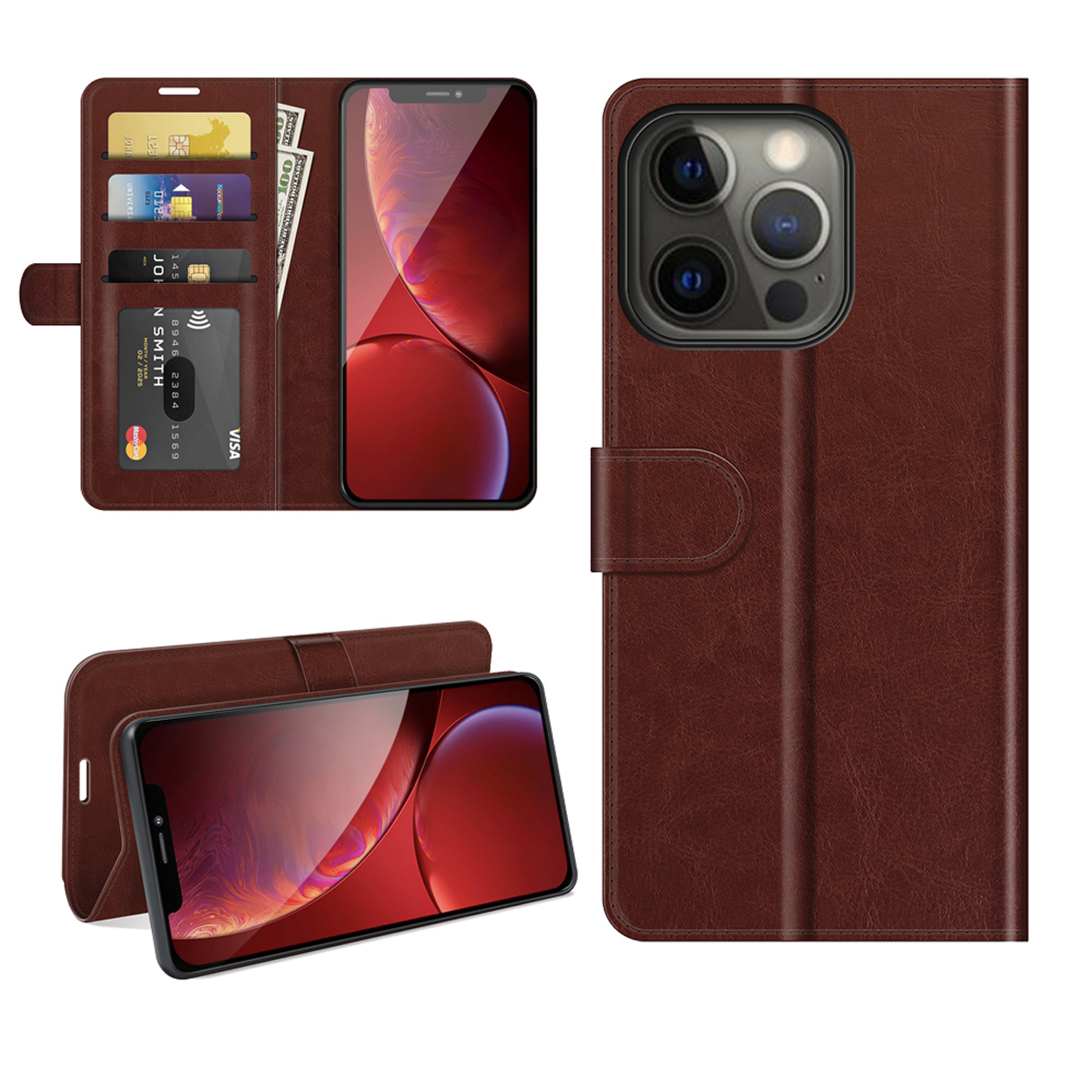 Étui de téléphone en cuir marron avec fentes pour cartes et un téléphone à l'intérieur.