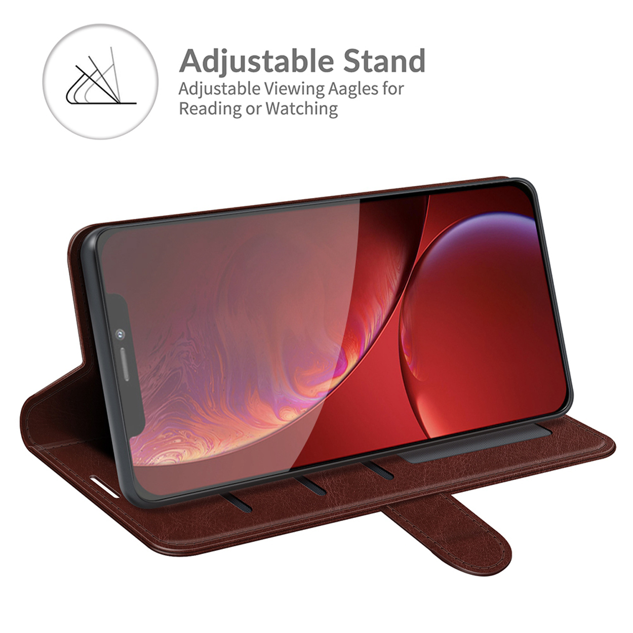 Coque de téléphone marron avec téléphone à l'intérieur, inclinée pour la visualisation.
