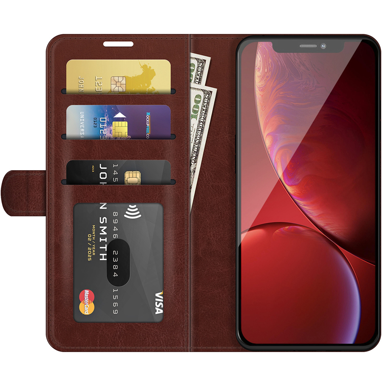 Un étui de téléphone marron s'ouvre pour révéler des emplacements pour cartes, de l'argent et un téléphone. L'écran du téléphone est rouge.