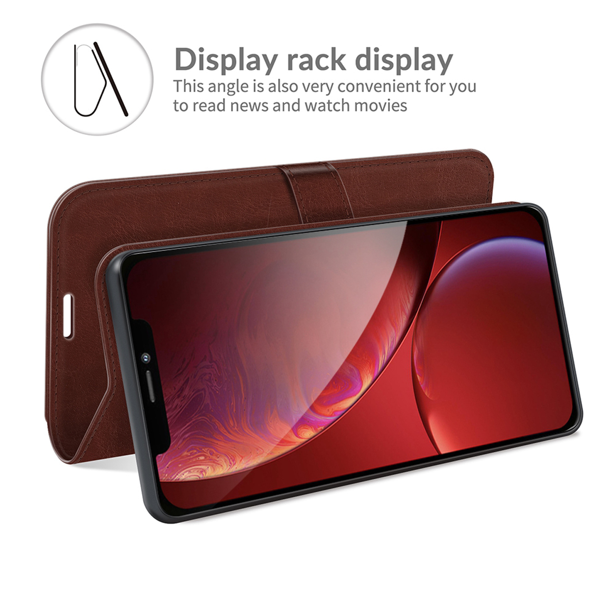 Coque de téléphone, ouverte, avec téléphone affichant un écran rouge. Texte.