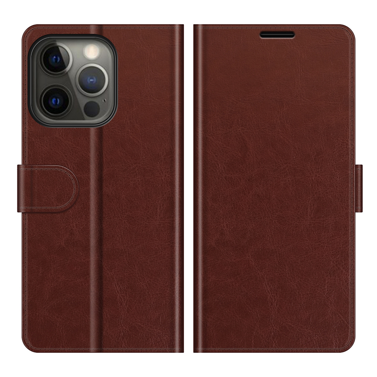 Étui de téléphone en cuir marron ouvert, montrant un téléphone à l'intérieur. Fermeture magnétique.