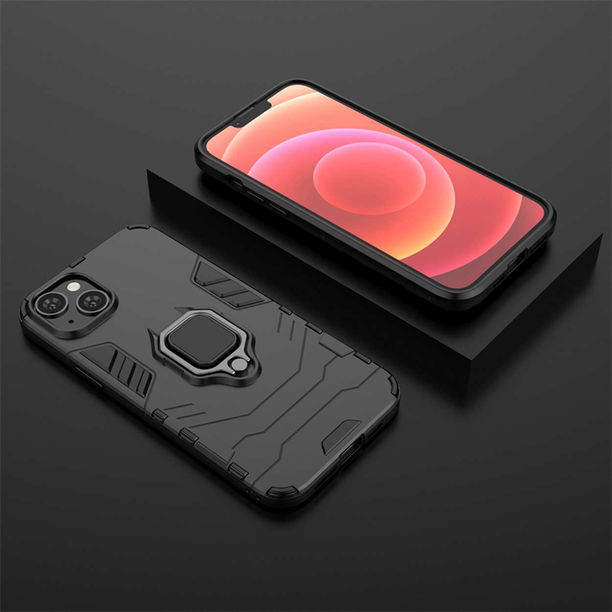 Coque de téléphone noire avec un support d'anneau. La coque est sur une surface noire. Le téléphone est dans la coque.