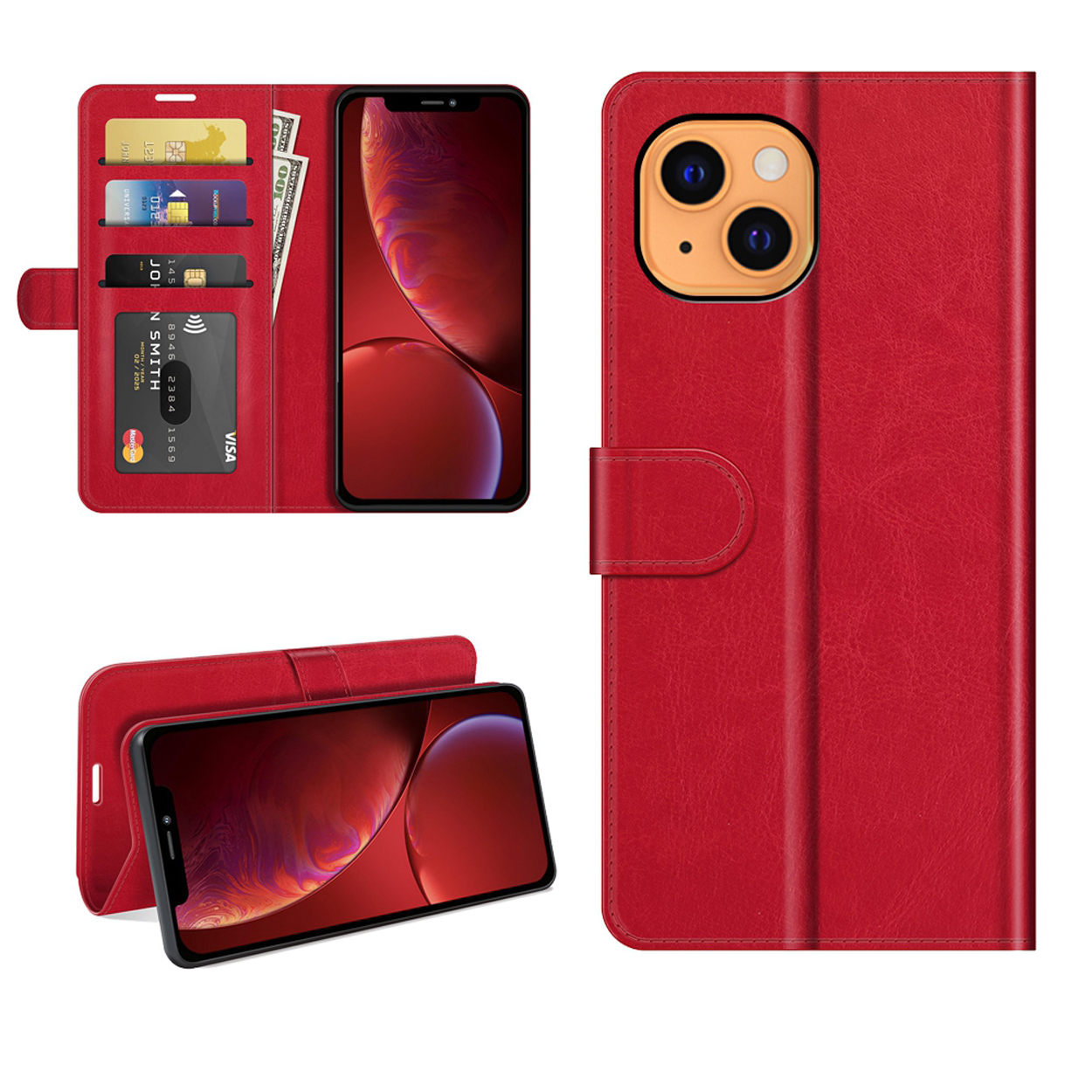Étui de téléphone rouge ouvert, montrant des cartes, de l'argent et un téléphone affichant un écran rouge.