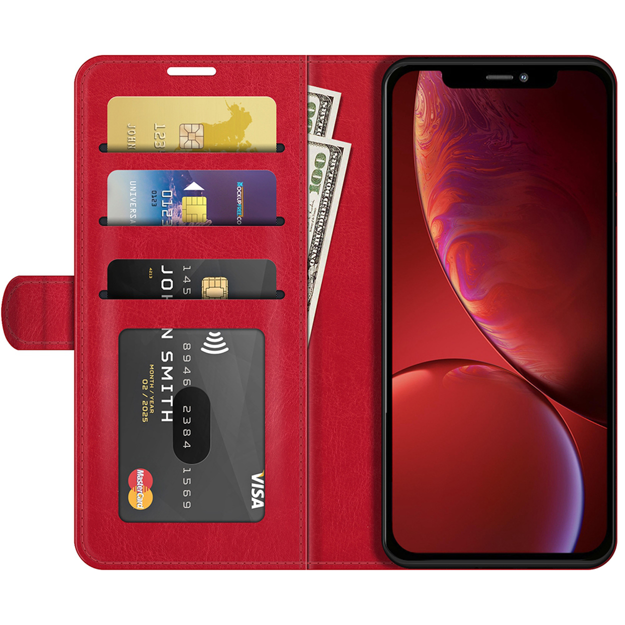 Étui de téléphone rouge ouvert, contenant cartes et argent. L'écran affiche des couleurs rouges et violettes.