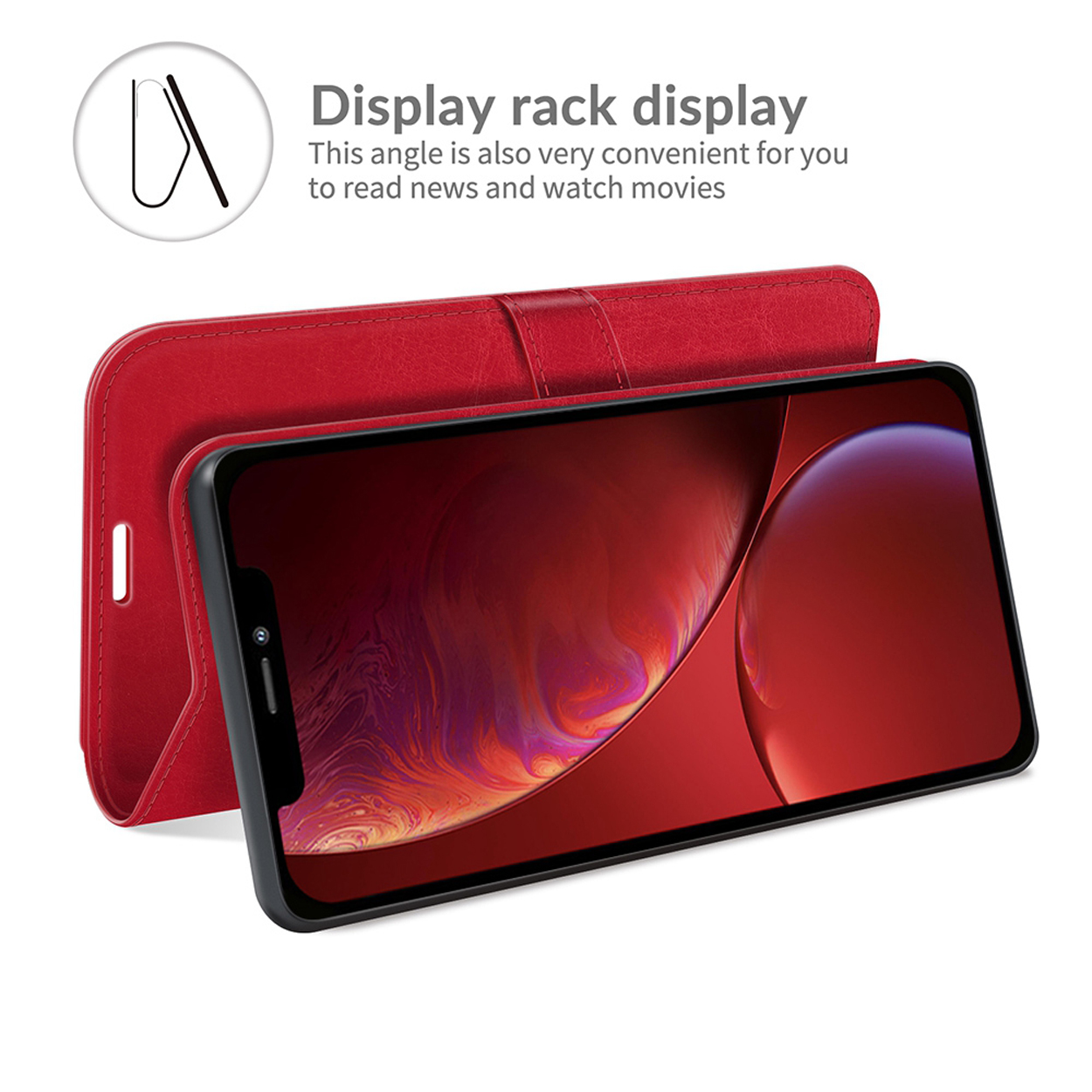 Étui de téléphone rouge avec un écran de téléphone affiché sur une surface blanche.
