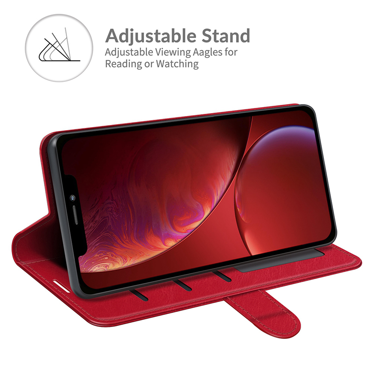 Étui de téléphone rouge tenant un téléphone. Le texte dit 'Adjustable Stand'.