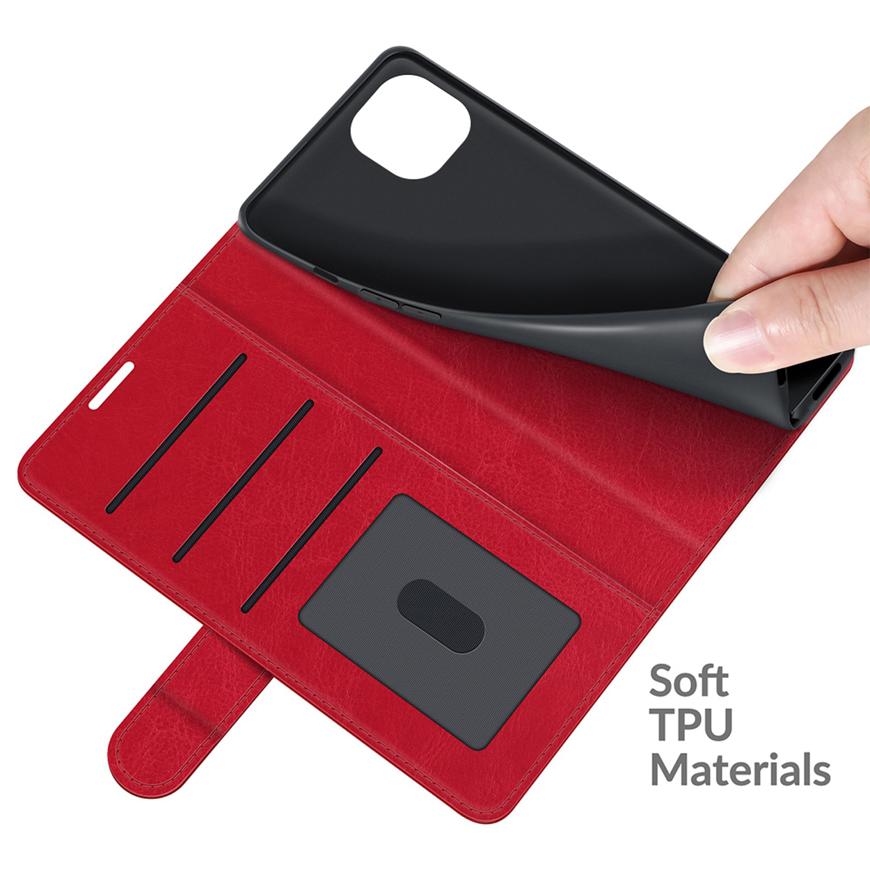 Un étui de téléphone rouge avec un téléphone à l'intérieur. L'étui est ouvert, et une main tient le téléphone.