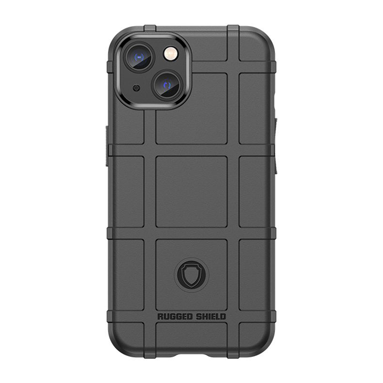 Zwarte telefoonhoes met een rasterpatroon, robuust ontwerp en een logo.
