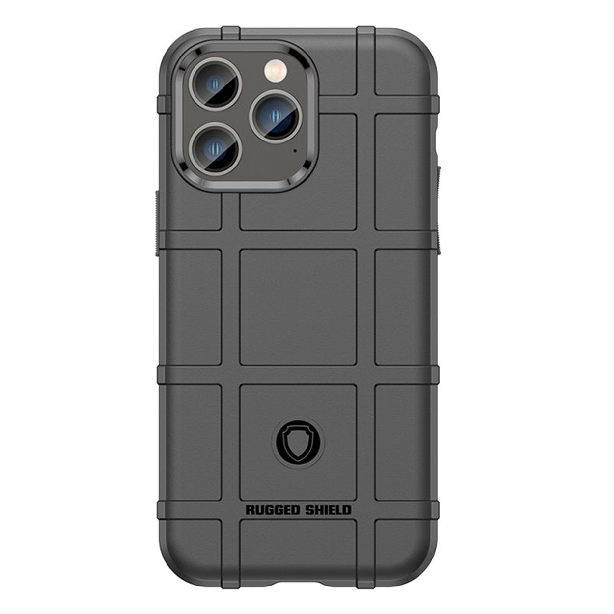 Zwarte robuuste telefoonhoes met een getextureerd oppervlak en de woorden 'RUGGED SHIELD'.