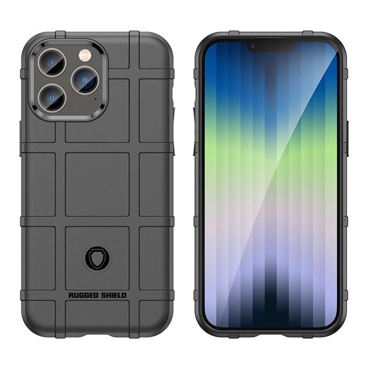 Zwarte telefoonhoes met rastertextuur en een telefoon met gestreept scherm.
