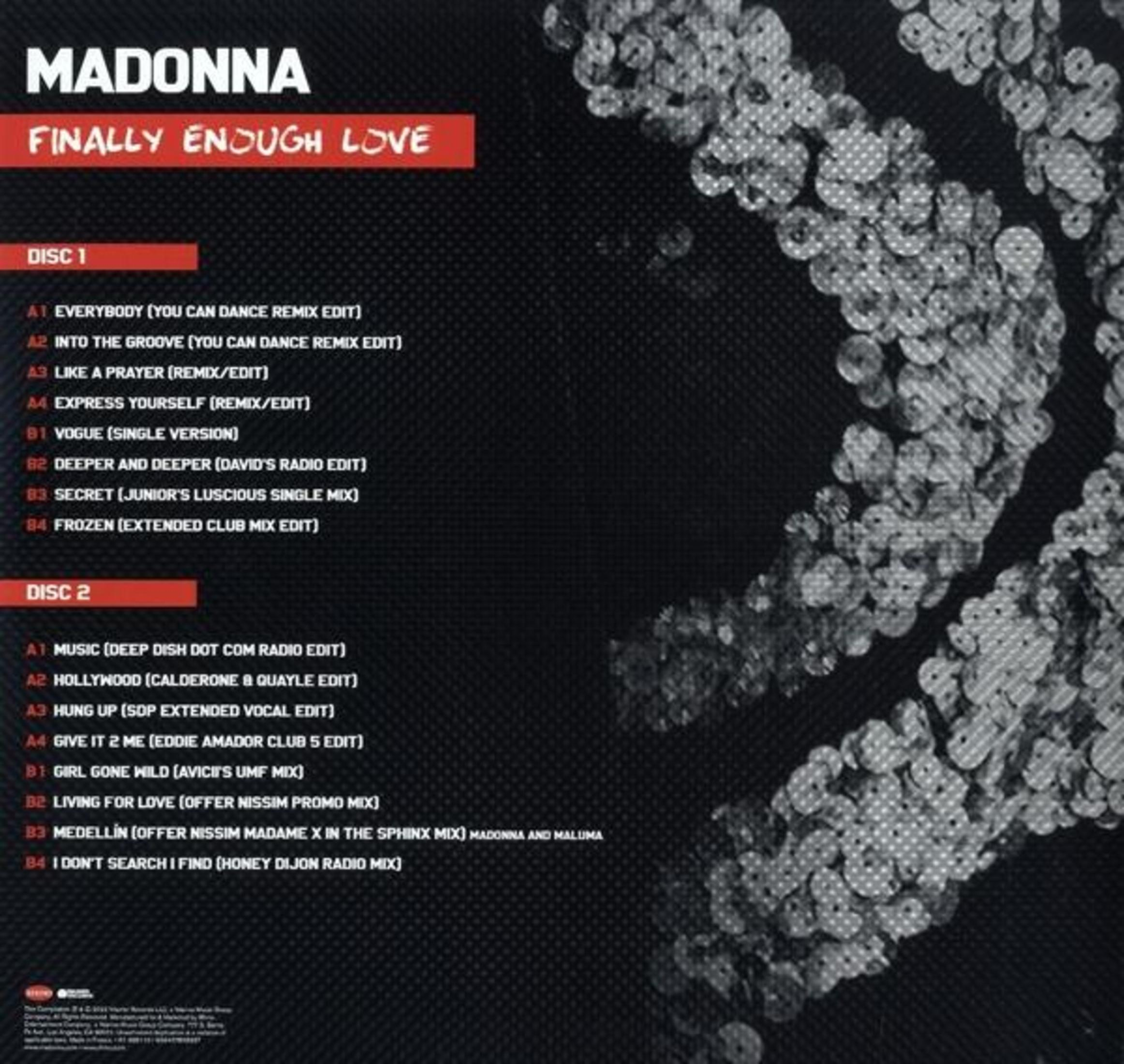 Contraportada del álbum con la lista de canciones del álbum 'Finally Enough Love' de Madonna.