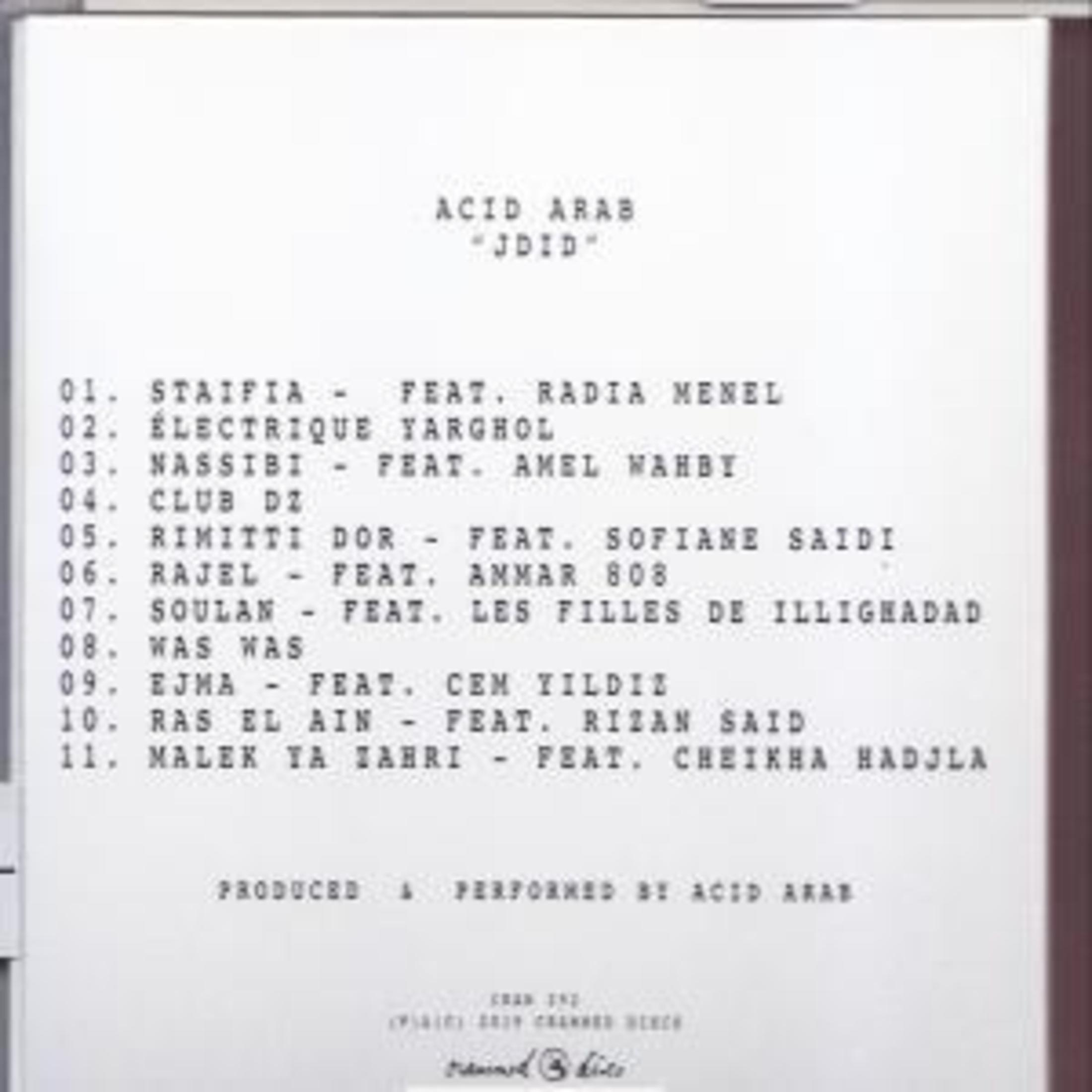 Pochette d'album avec liste de titres et noms, 'Acid Arab Jdid' sur fond blanc.