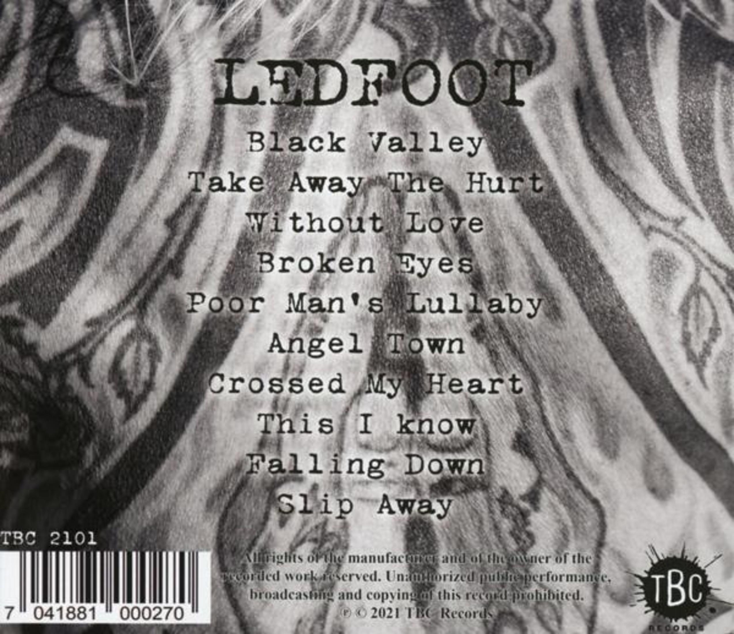 Zwart-wit albumhoes met een tracklist: Ledfoot, Black Valley.