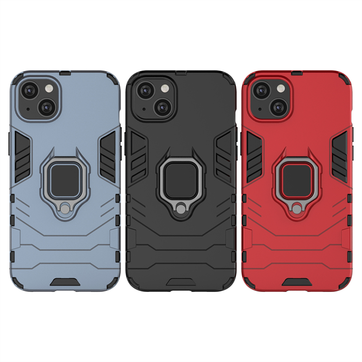 Trois coques de téléphone en bleu, noir et rouge avec un support en anneau. Designs similaires, aspect texturé.