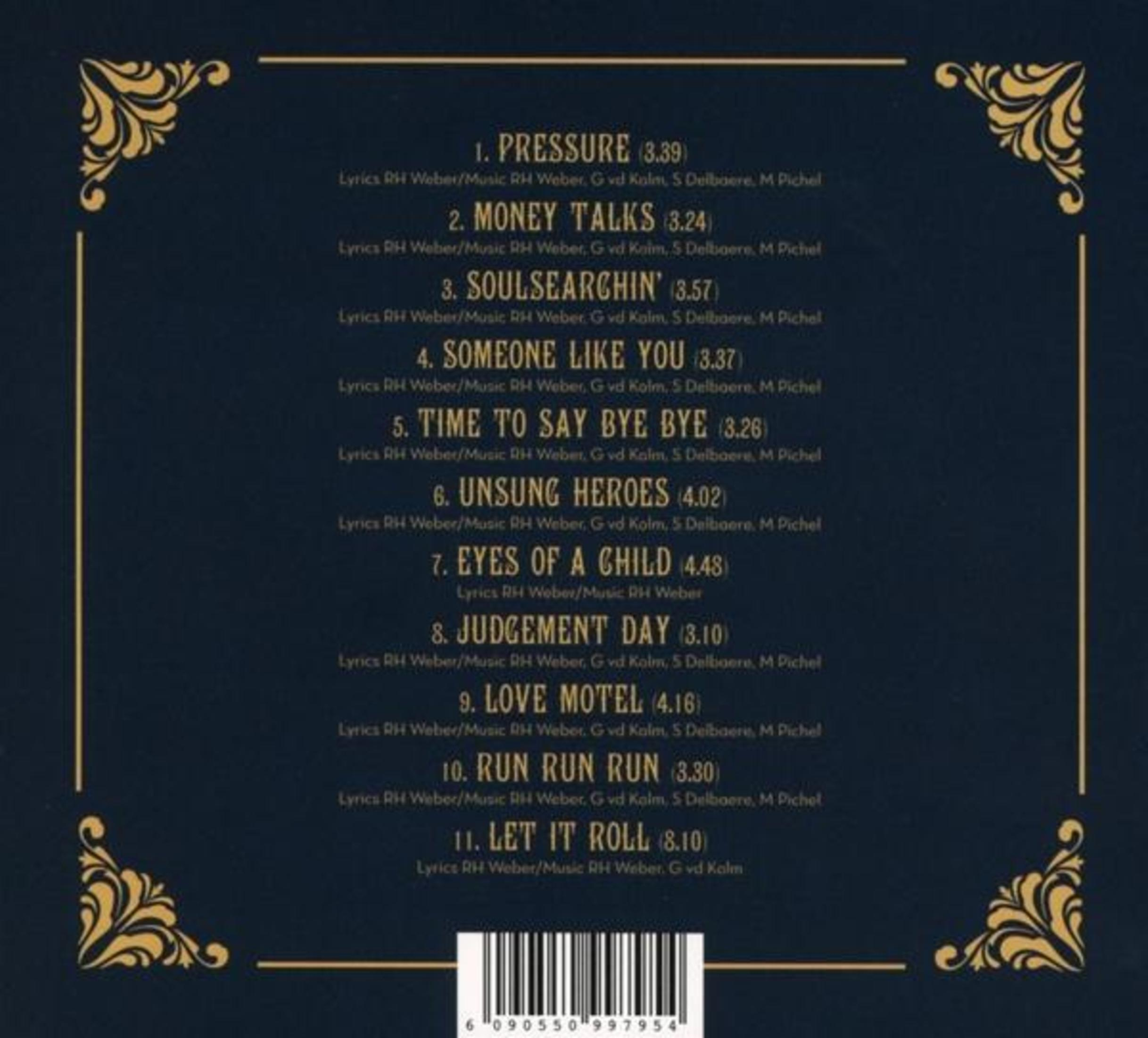 Dos de l'album avec titres de chansons et crédits en or sur fond sombre avec bordures décoratives.