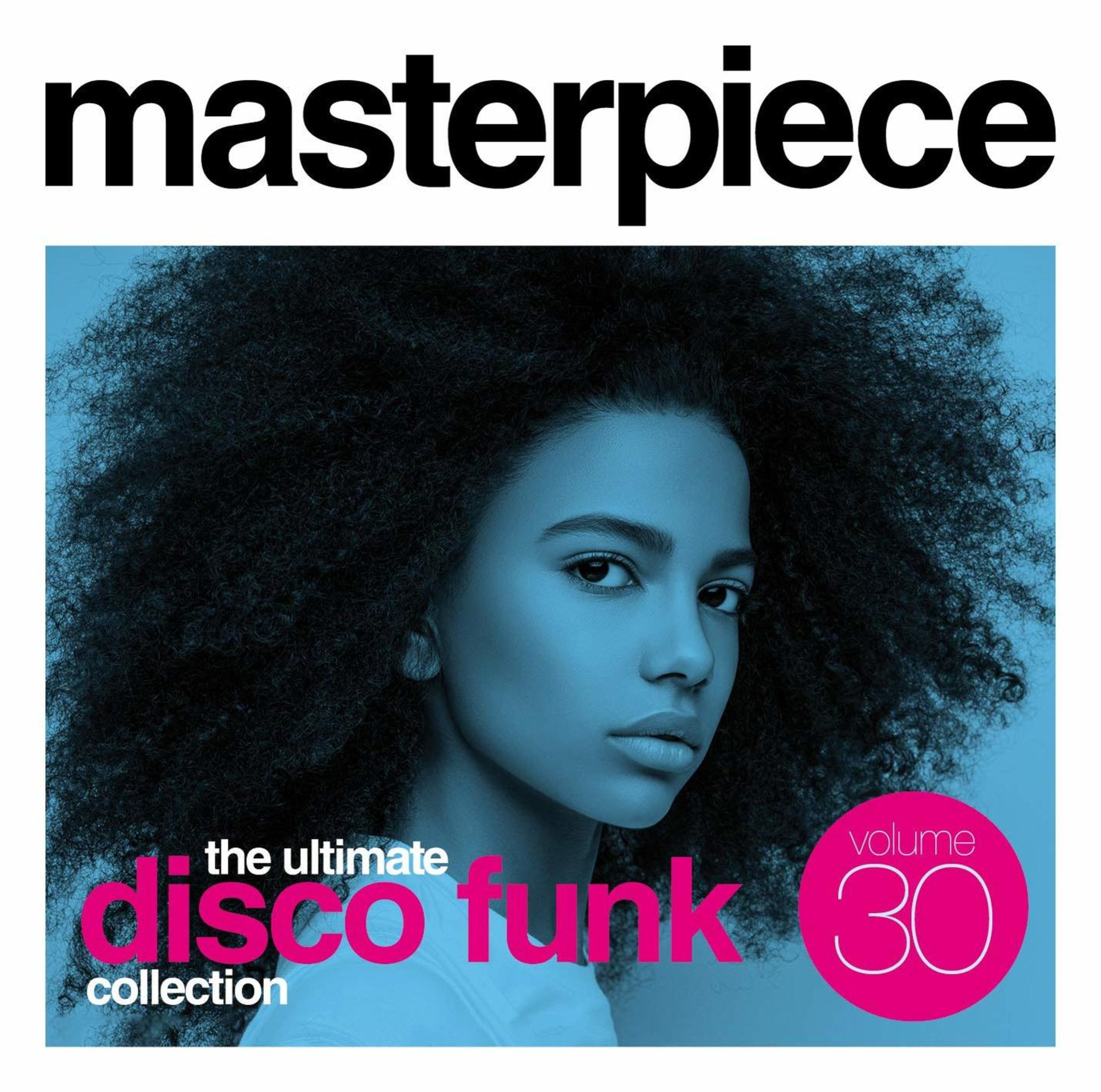 Albumhoes: vrouw met afro, tekst 'Masterpiece', 'Disco Funk'. Roze en blauwe achtergrond.